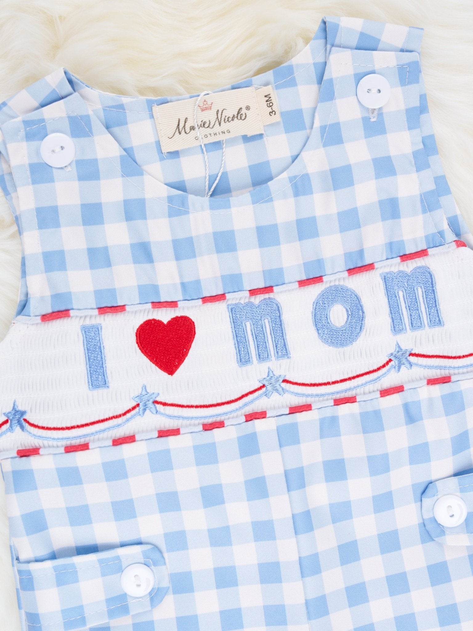 Gingham "I Love Mom" Smocked Johnny - Marie Nicole Clothing