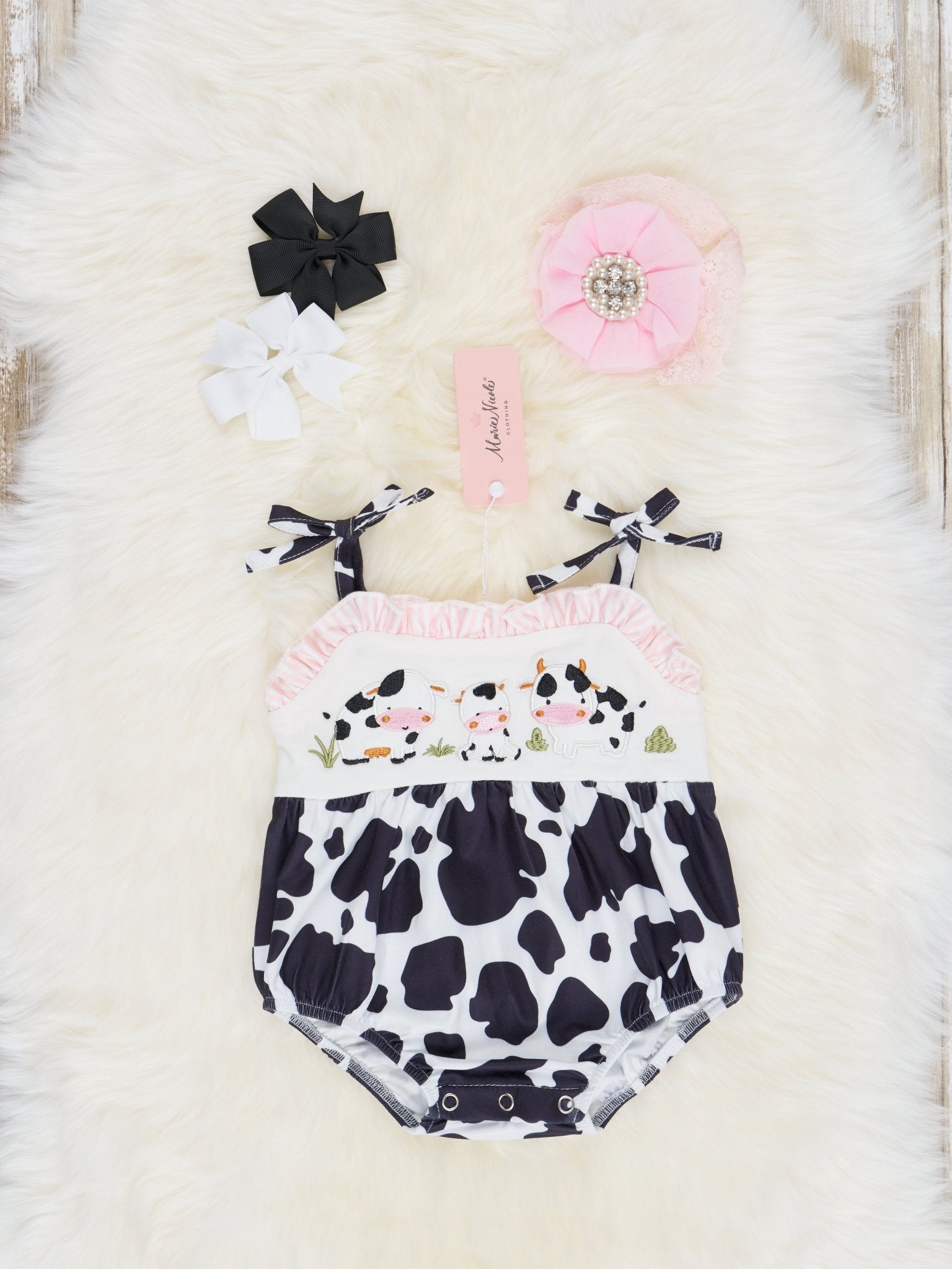 Smocked Cow Tie Bubble Romper - Marie Nicole Clothing