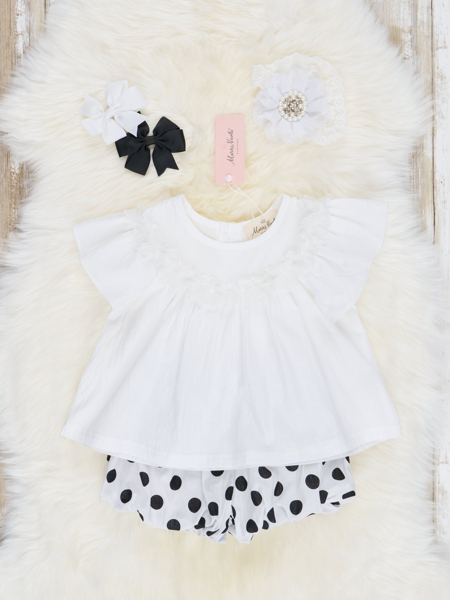 White Top & Polka Dot Bloomers Outfit - Marie Nicole Clothing