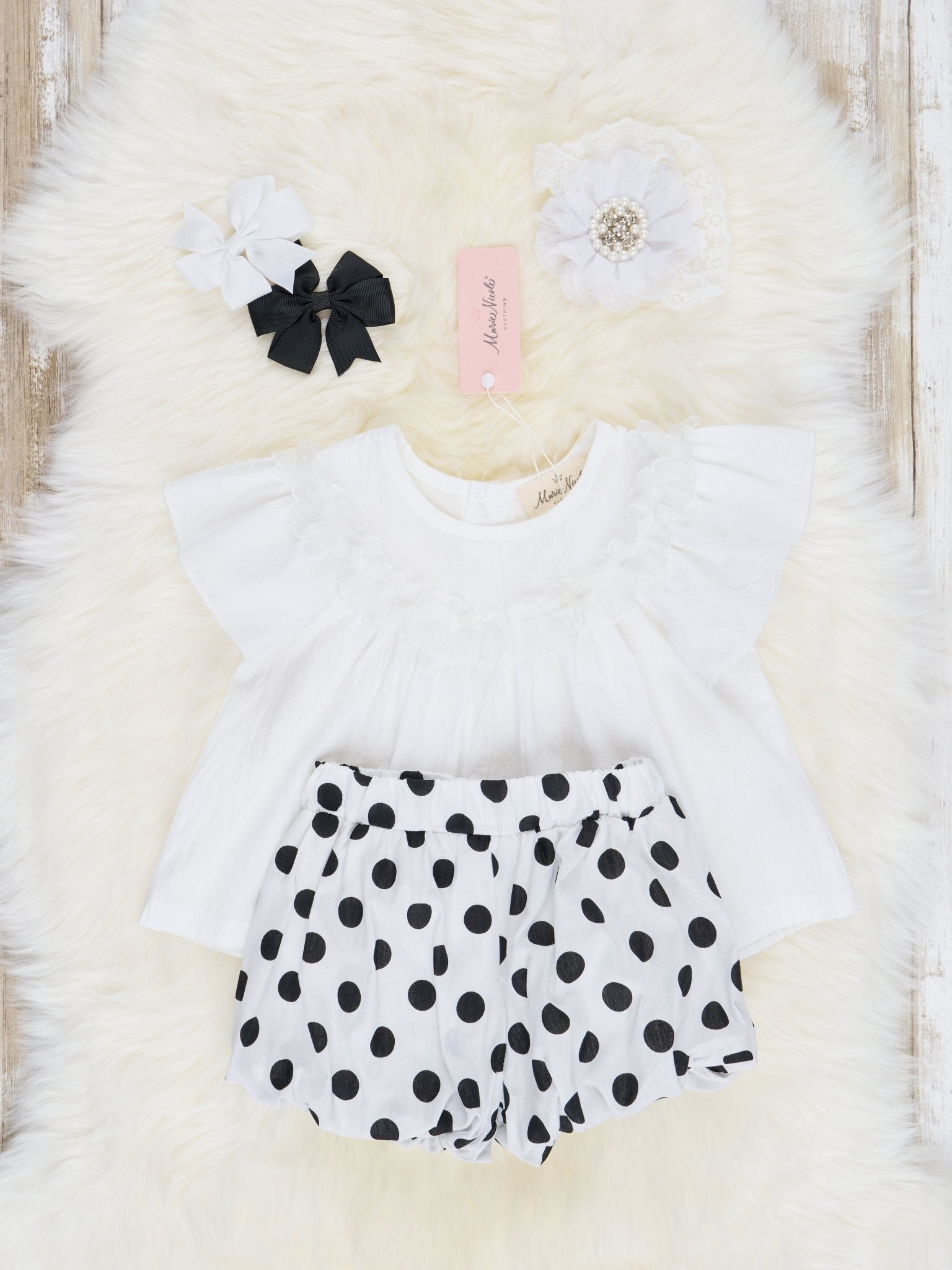 White Top & Polka Dot Bloomers Outfit - Marie Nicole Clothing