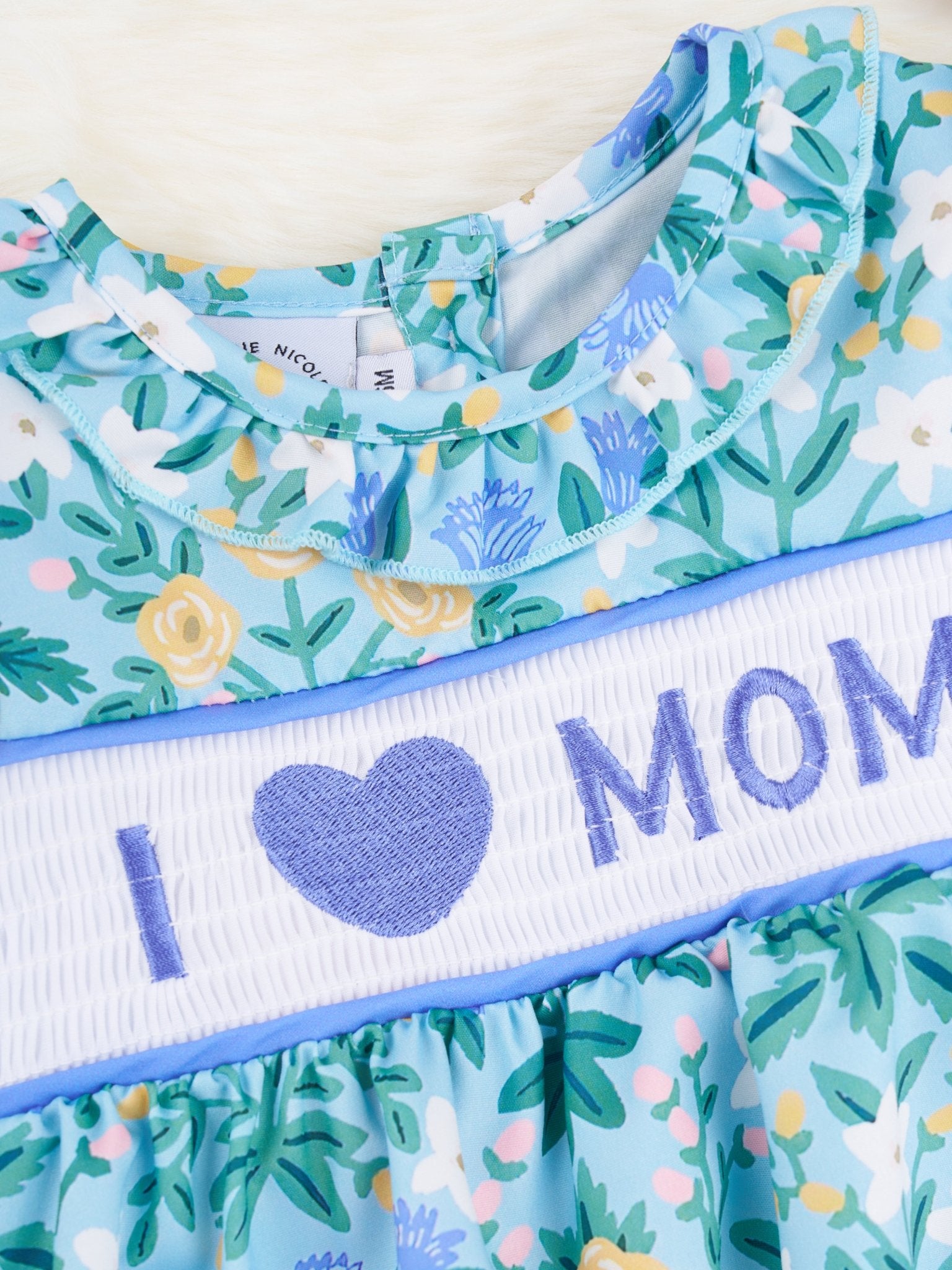 Floral "I Love Mom" Smocked Bubble Romper - Marie Nicole Clothing