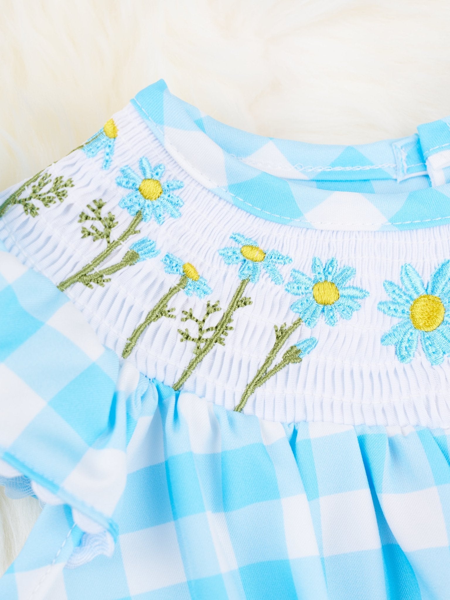 Gingham Smocked Daisy Bubble Romper - Marie Nicole Clothing