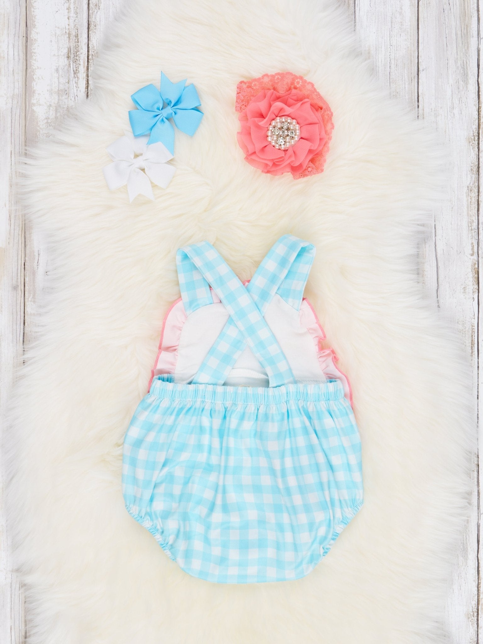 Blue Gingham Cupcake Ruffle Bubble Romper - Marie Nicole Clothing