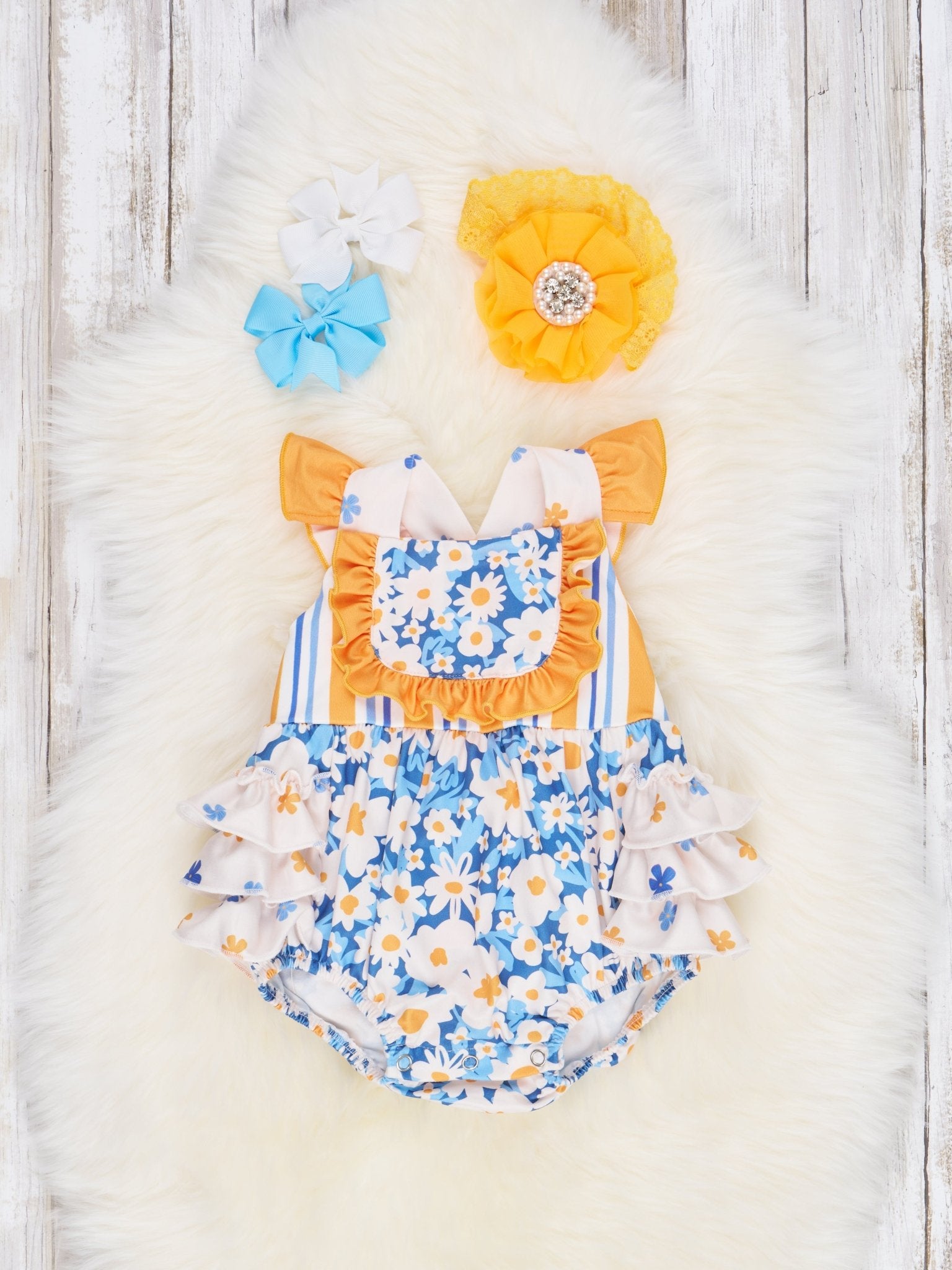 Stripes & Daisies Ruffle Bubble Romper - Marie Nicole Clothing