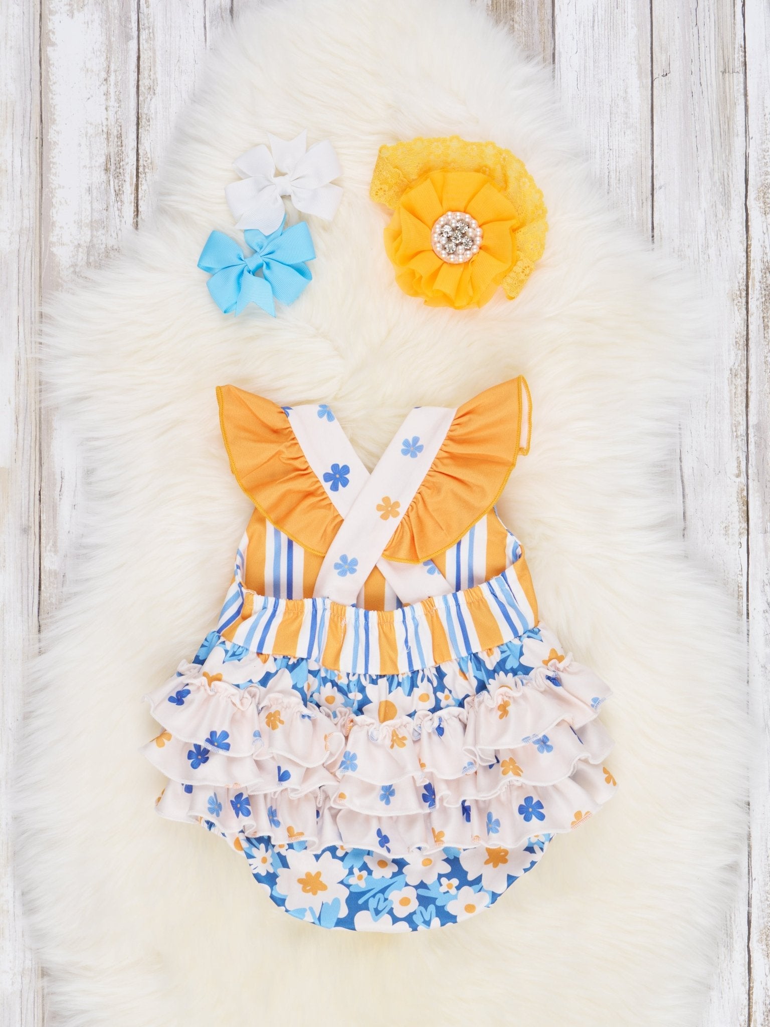 Stripes & Daisies Ruffle Bubble Romper - Marie Nicole Clothing