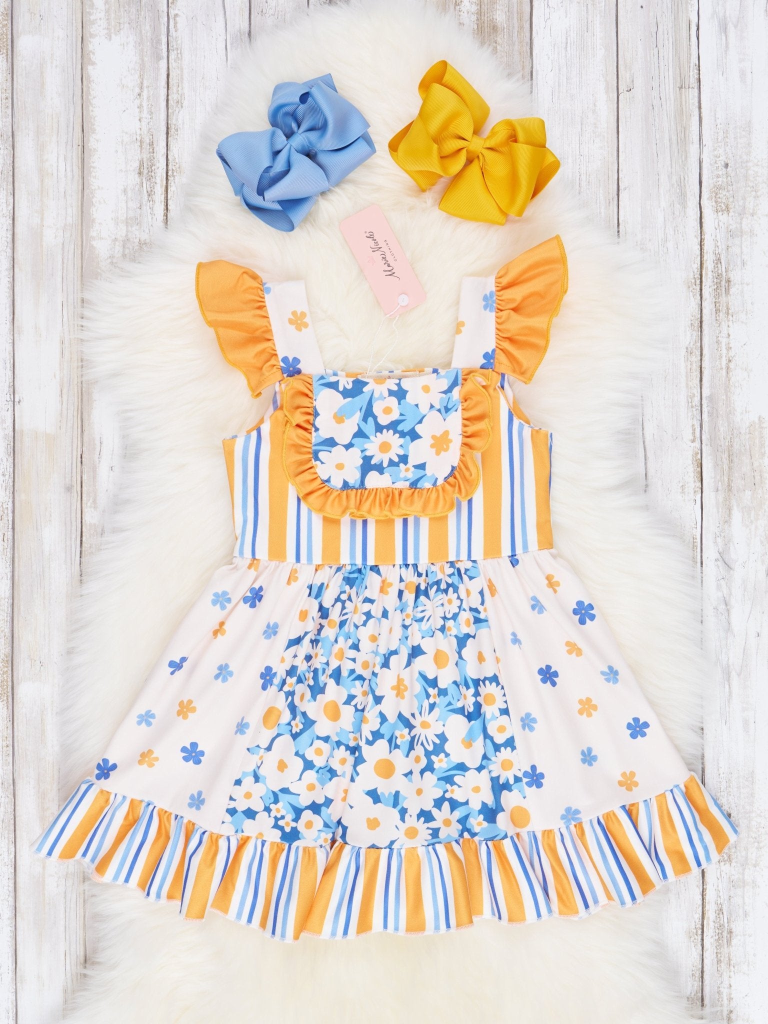 Stripes & Daisies Ruffle Dress - Marie Nicole Clothing