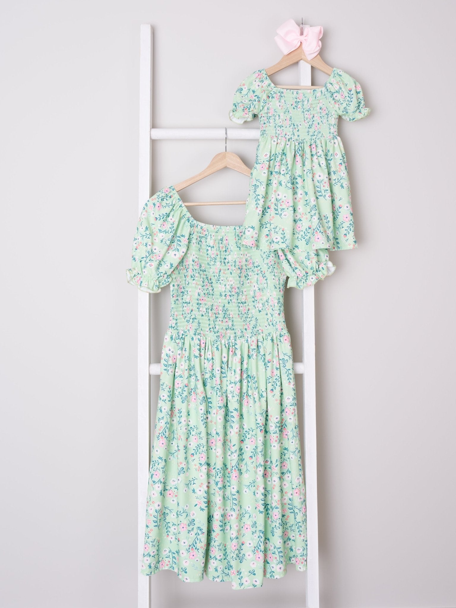 Mom & Me Mint Smocked Floral Puff Sleeve Dress - Marie Nicole Clothing