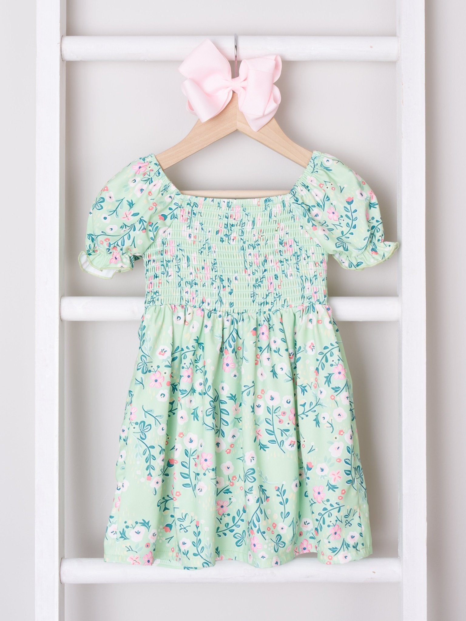Mom & Me Mint Smocked Floral Puff Sleeve Dress - Marie Nicole Clothing