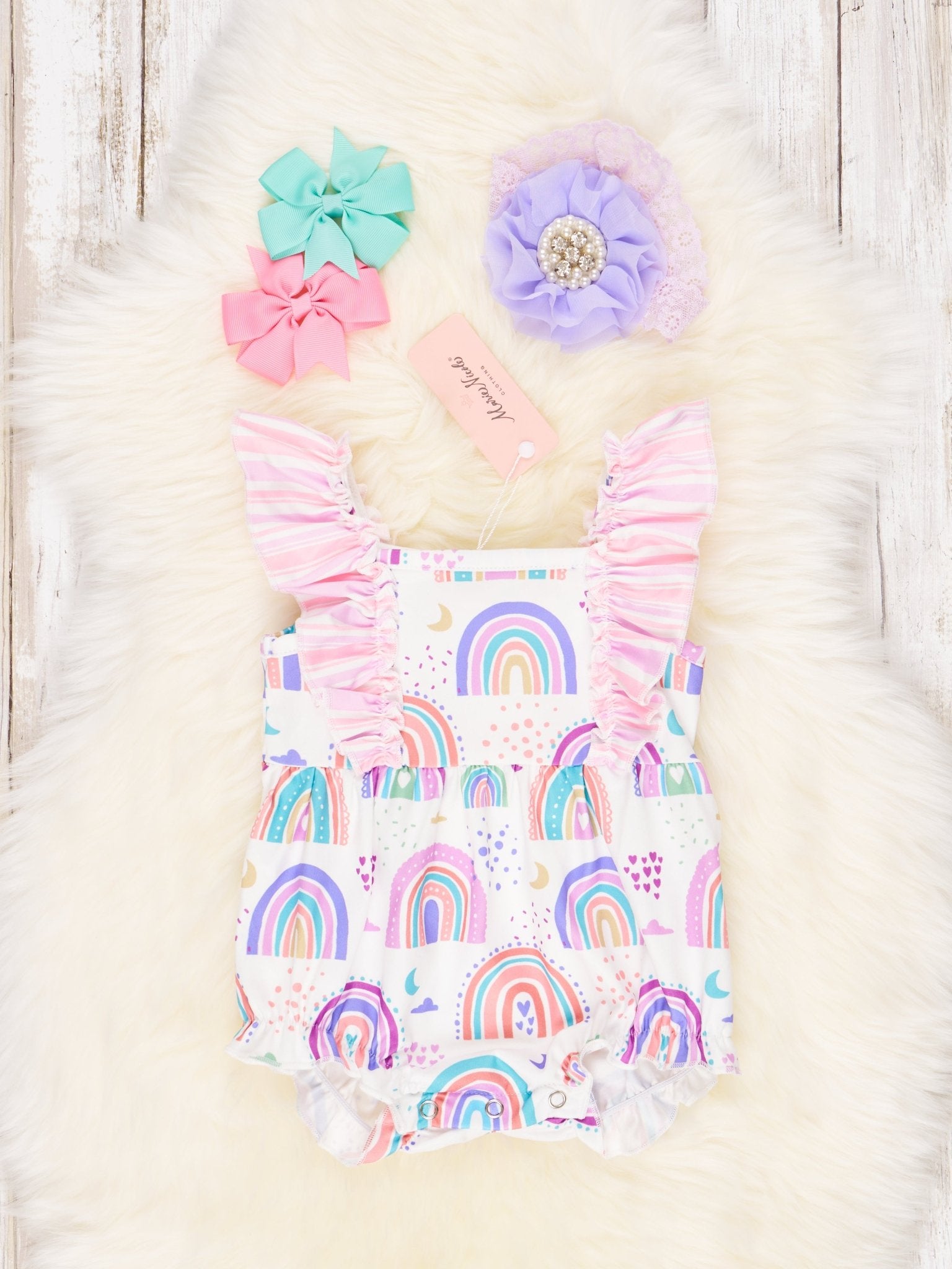 Lavender Rainbow Ruffle Bubble Romper - Marie Nicole Clothing