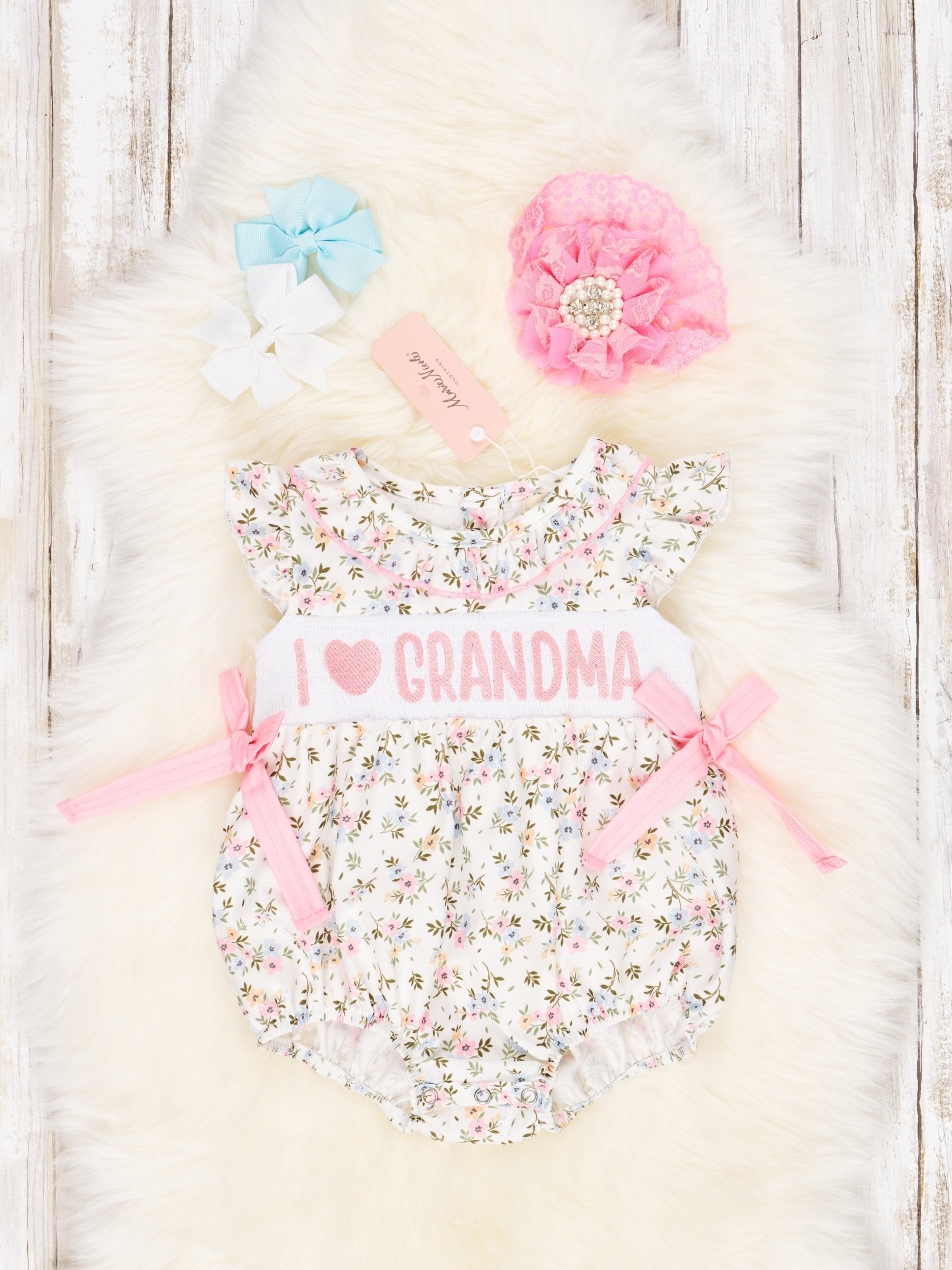 Smocked Floral "I Love Grandma" Ruffle Romper - Marie Nicole Clothing