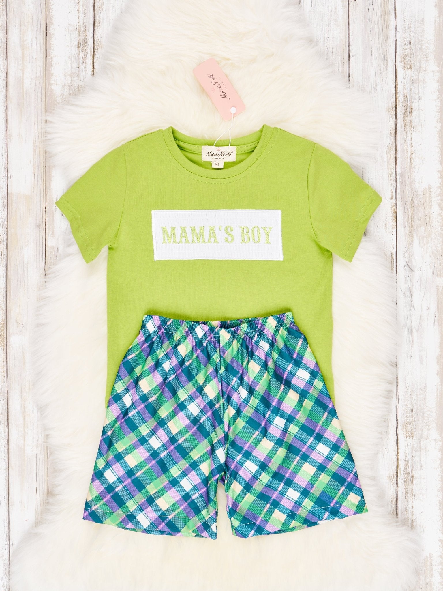 Smocked Plaid "Mama's Boy" Outfit - Marie Nicole Clothing