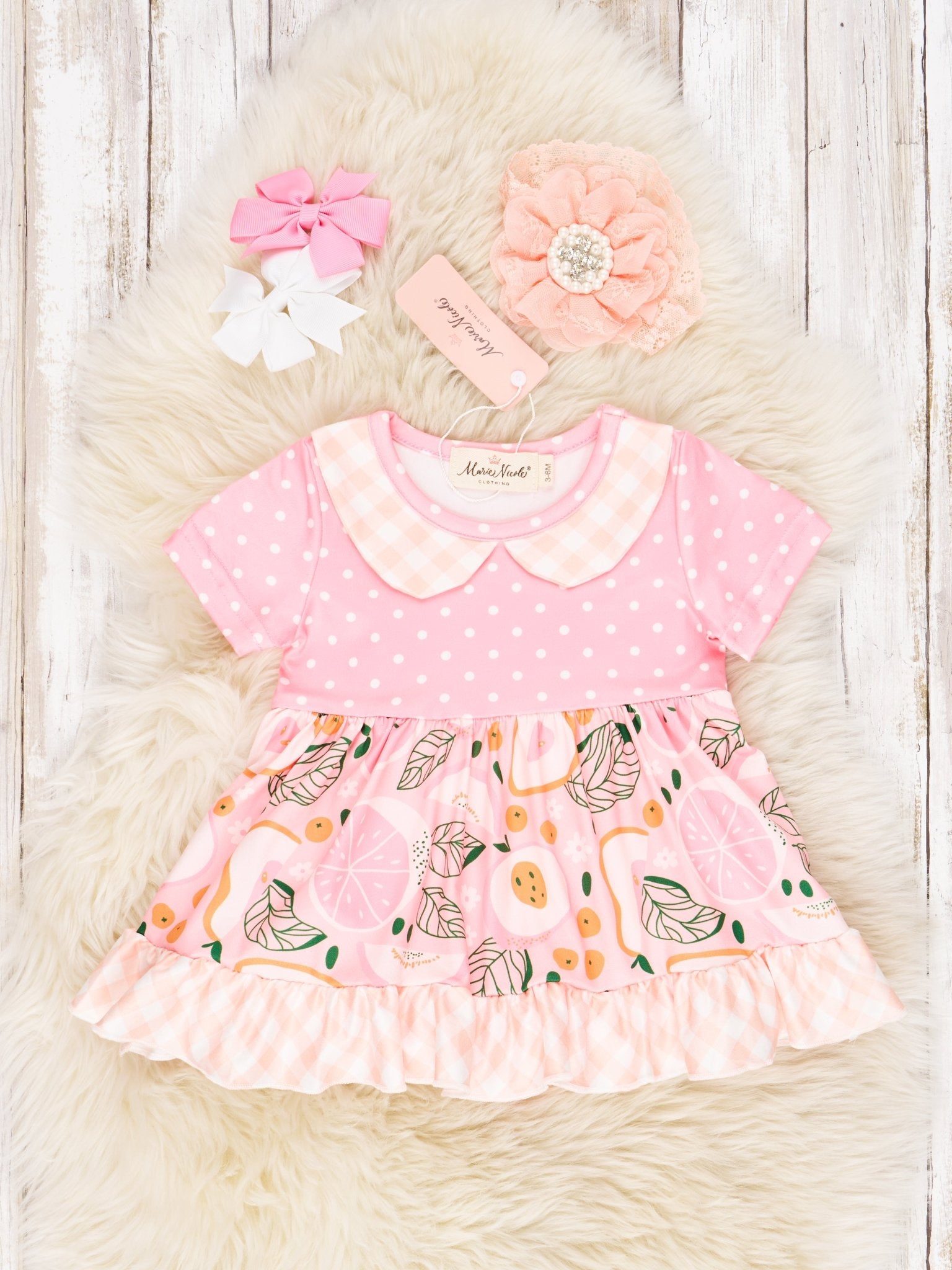 Pink Fruit Vintage Ruffle Dressy Romper - Marie Nicole Clothing
