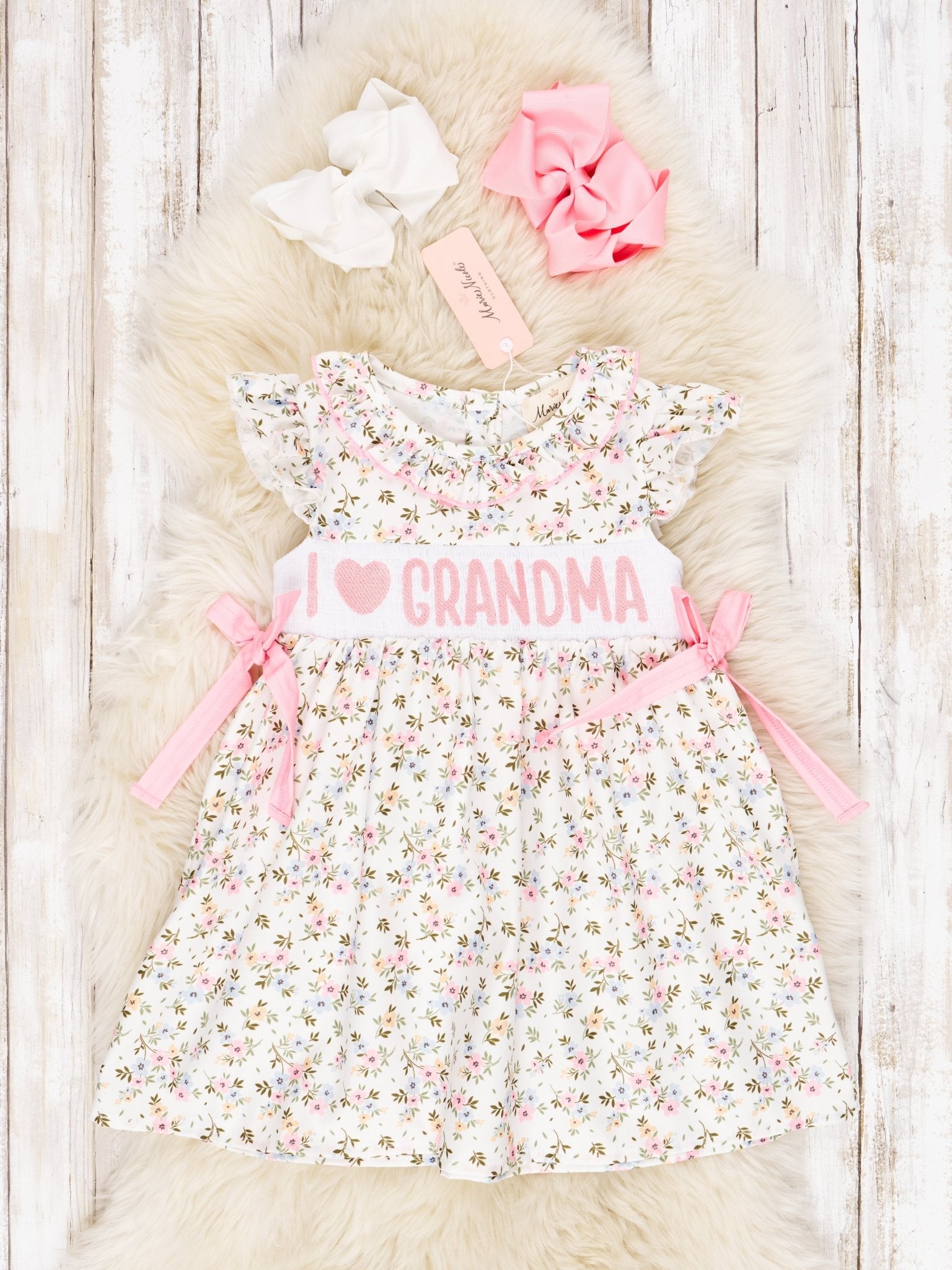 Smocked Floral "I Love Grandma" Ruffle Dress - Marie Nicole Clothing