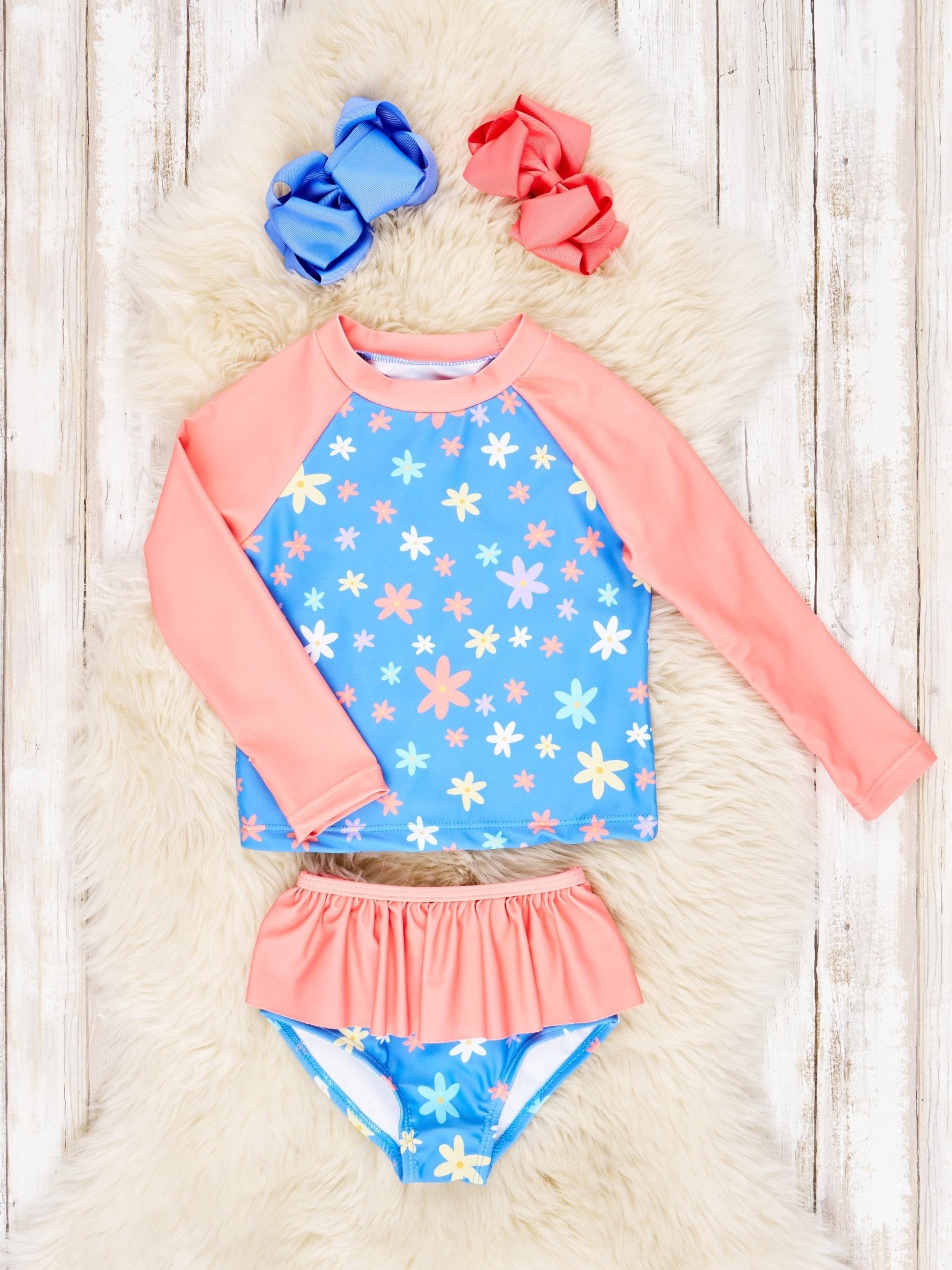 Coral Floral Raglan Rash Guard Swimsuit - Marie Nicole Clothing