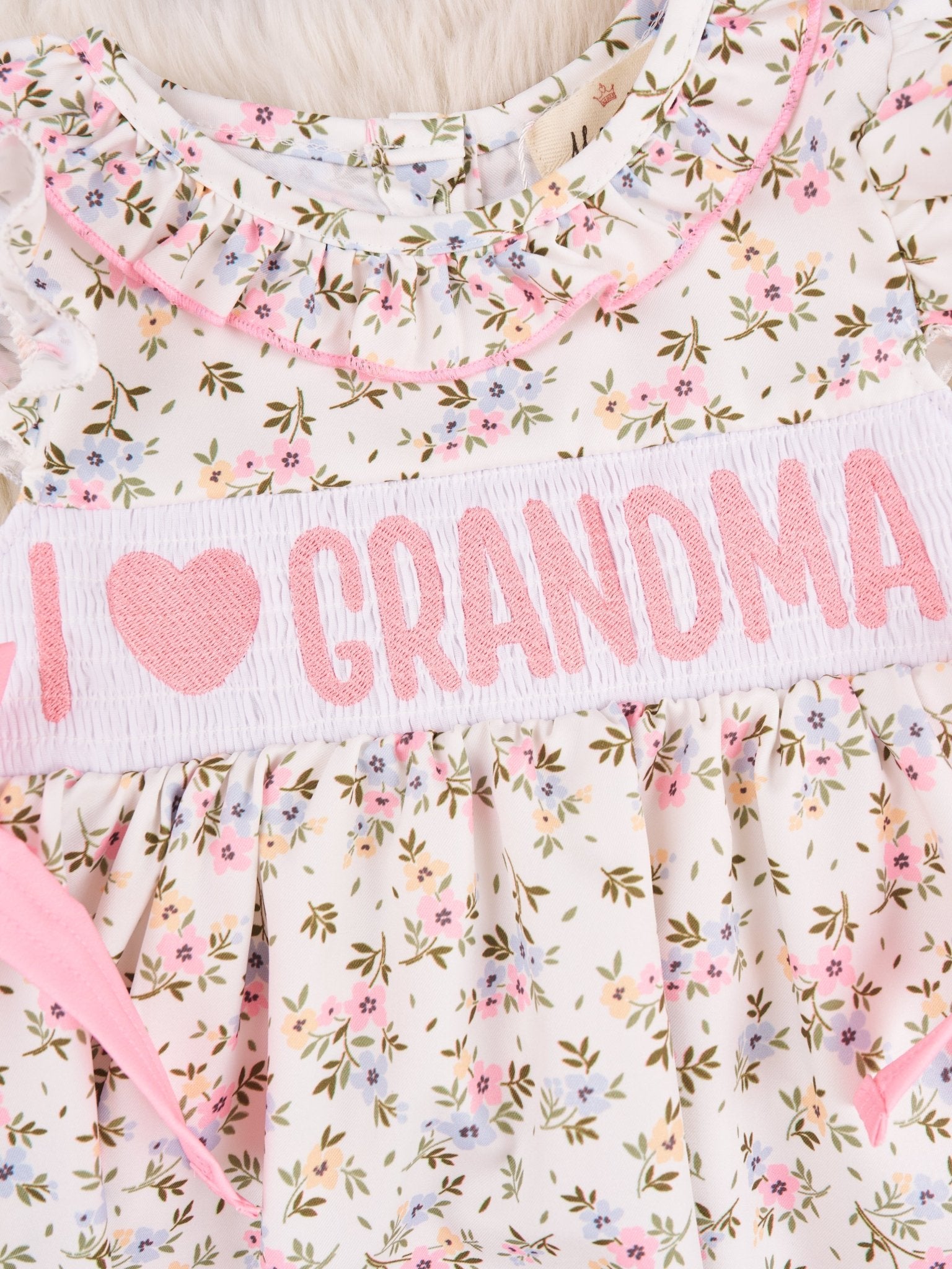Smocked Floral "I Love Grandma" Ruffle Dress - Marie Nicole Clothing
