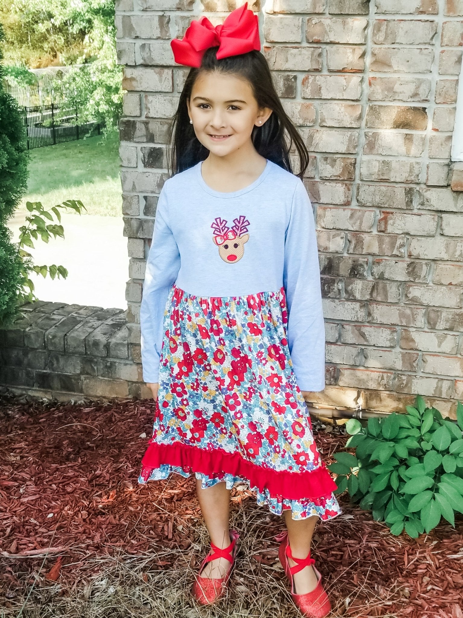 Floral Reindeer Ruffle Dress - Marie Nicole Clothing