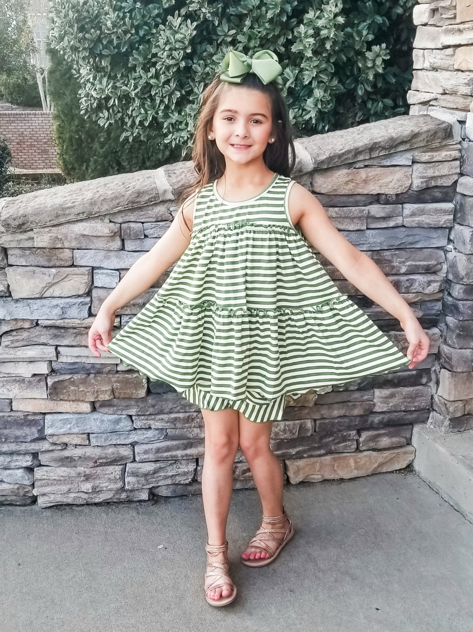 Cotton Swing Ruffle Tank - Olive/Cream Striped - Marie Nicole Clothing