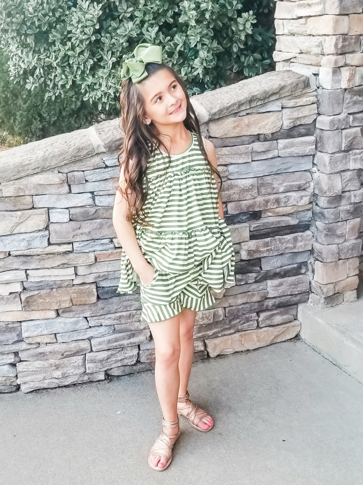 Pocket Ruffle Short - Olive/Cream Striped - Marie Nicole Clothing