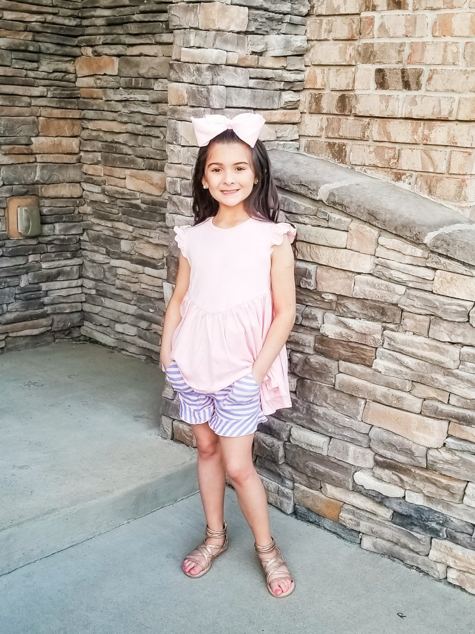 Pocket Ruffle Short - Peach/Orchid Striped - Marie Nicole Clothing