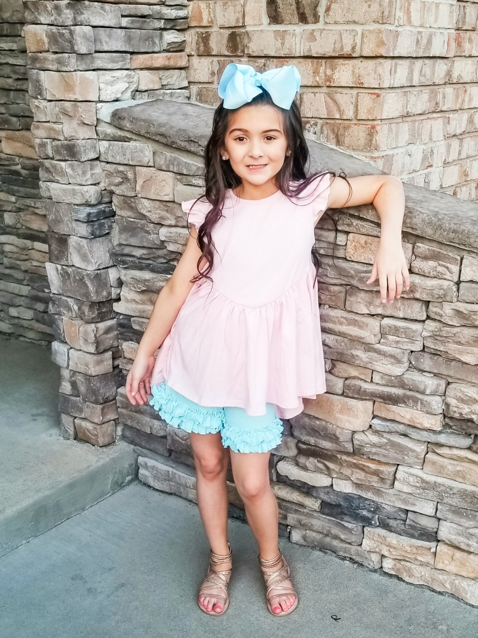 Baby Blue Ruffle Trim Cotton Shorts - Marie Nicole Clothing