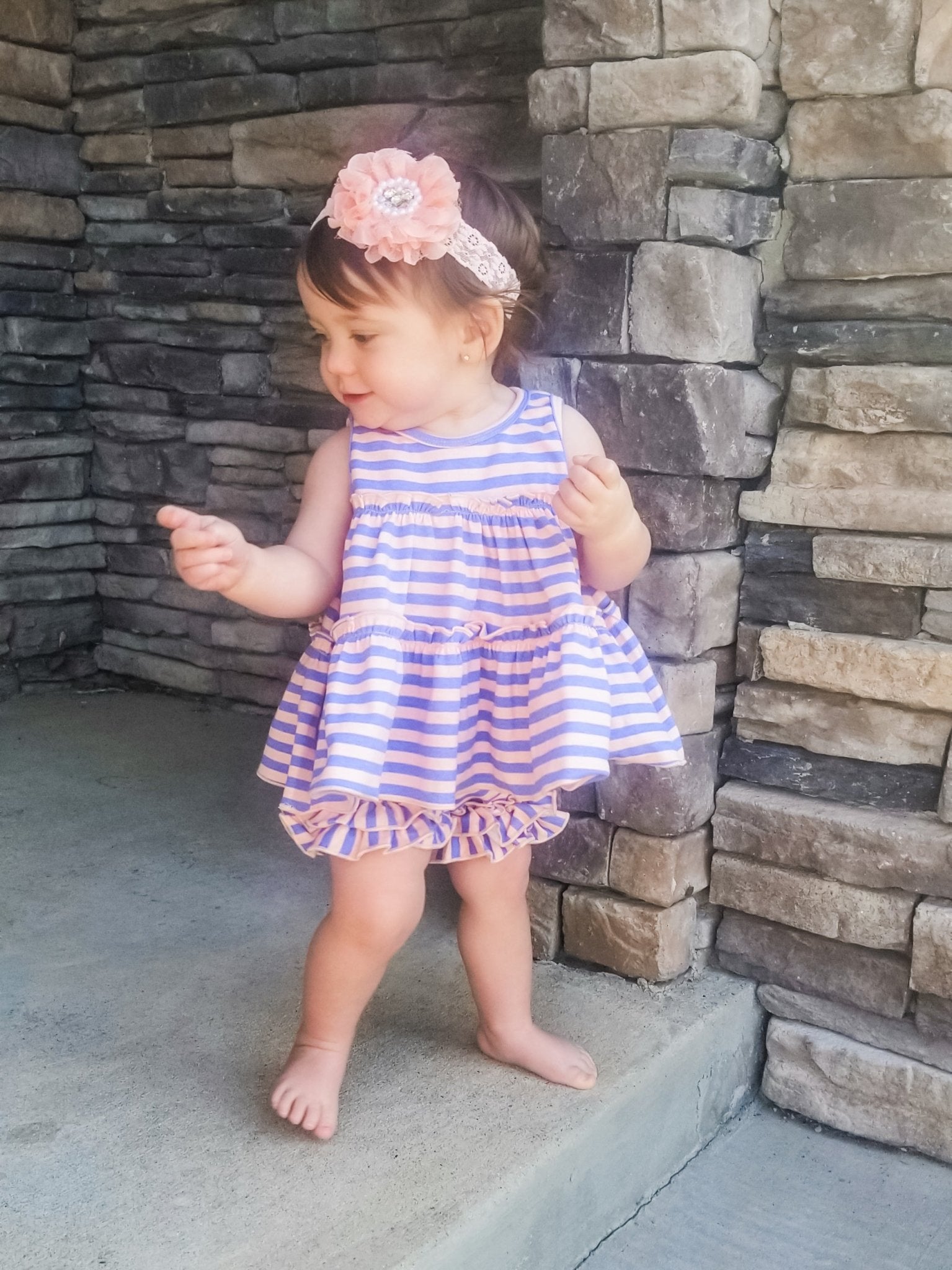 Peach & Orchid Striped Ruffle Trim Cotton Shorts - Marie Nicole Clothing