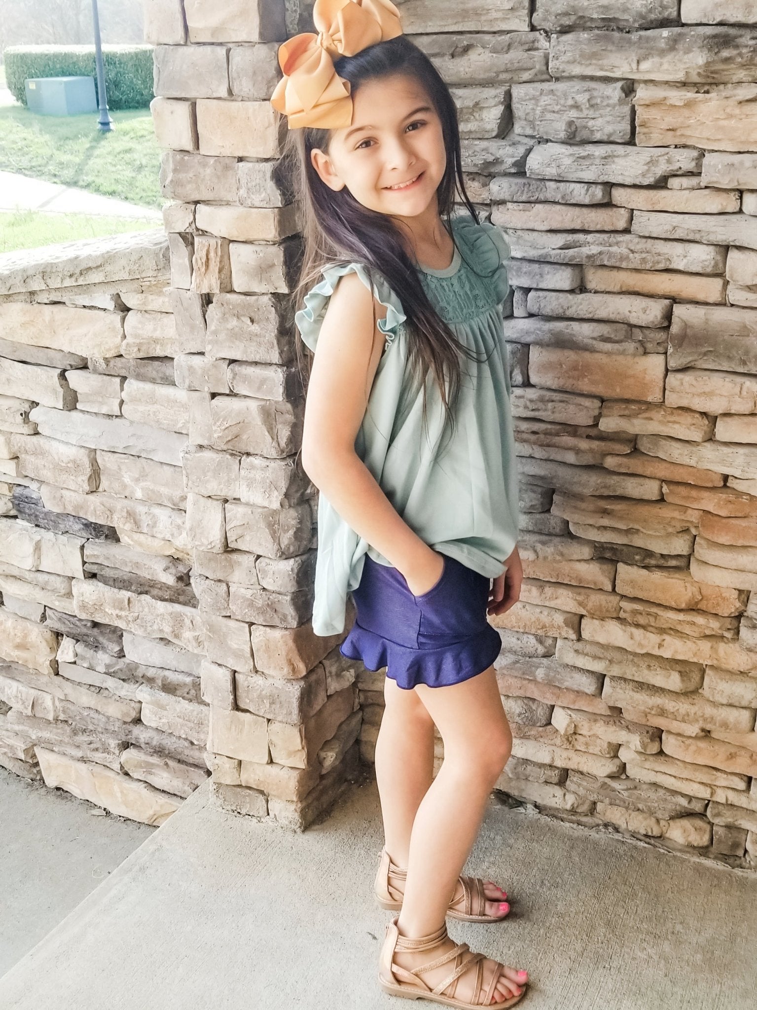 Pocket Ruffle Short - Denim - Marie Nicole Clothing