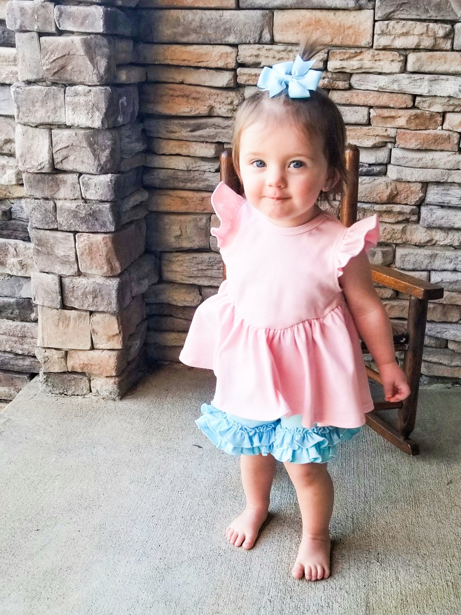 Baby Blue Ruffle Trim Cotton Shorts - Marie Nicole Clothing
