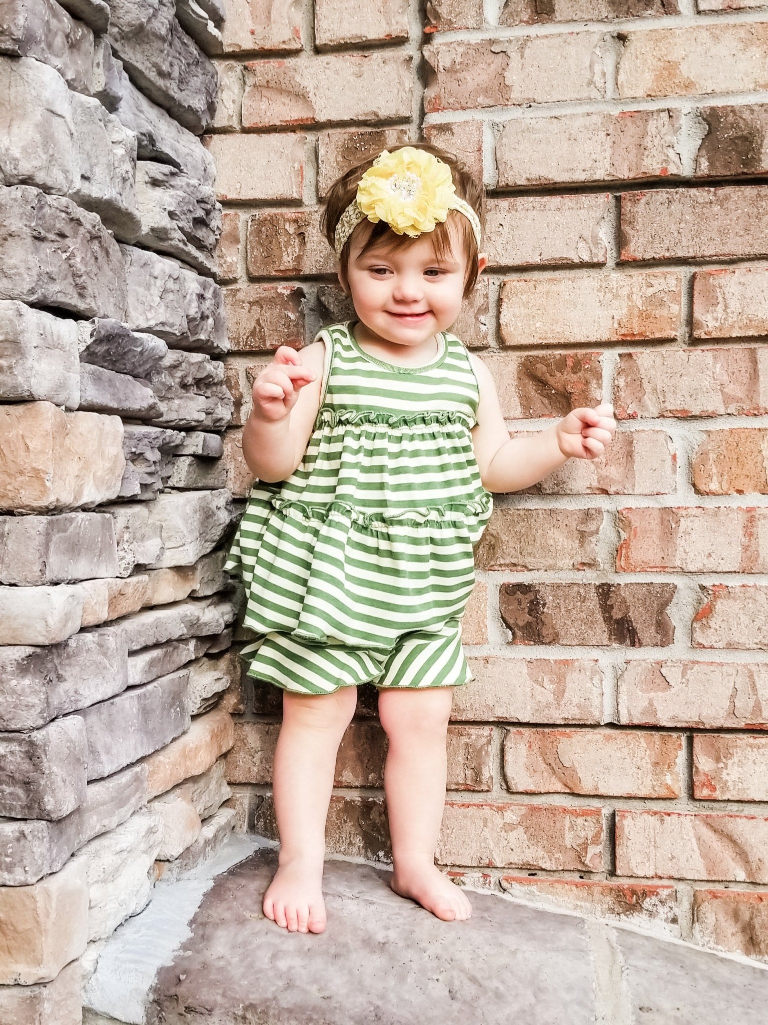 Pocket Ruffle Short - Olive/Cream Striped - Marie Nicole Clothing