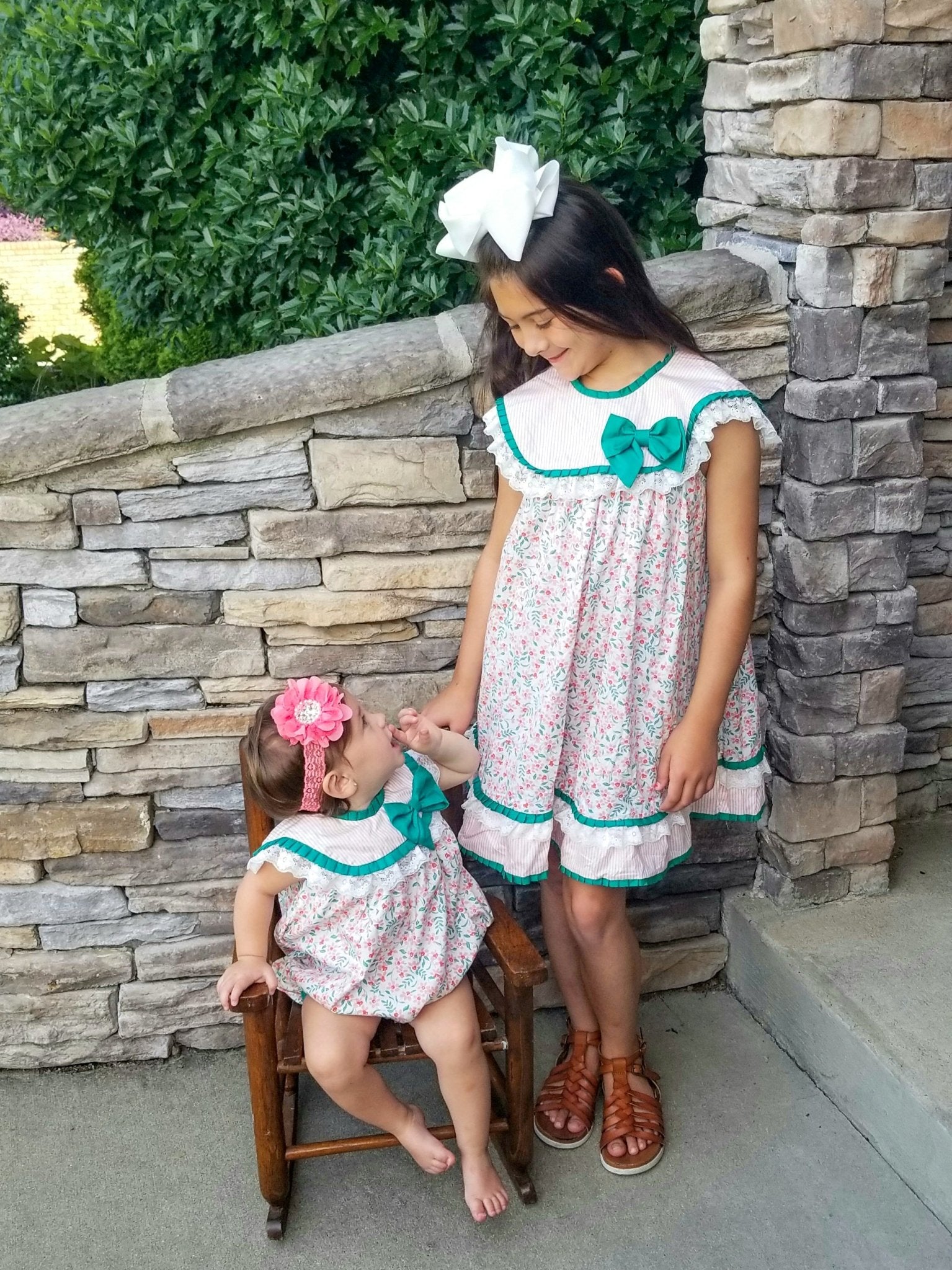 Pink & Green Floral Bow Bubble Dress - Marie Nicole Clothing