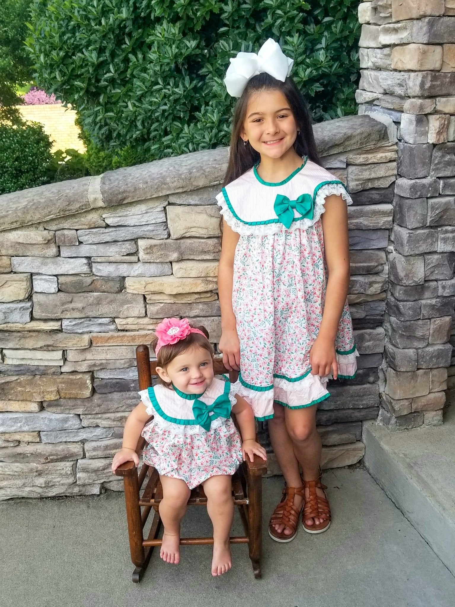 Pink & Green Floral Bow Bubble Dress - Marie Nicole Clothing