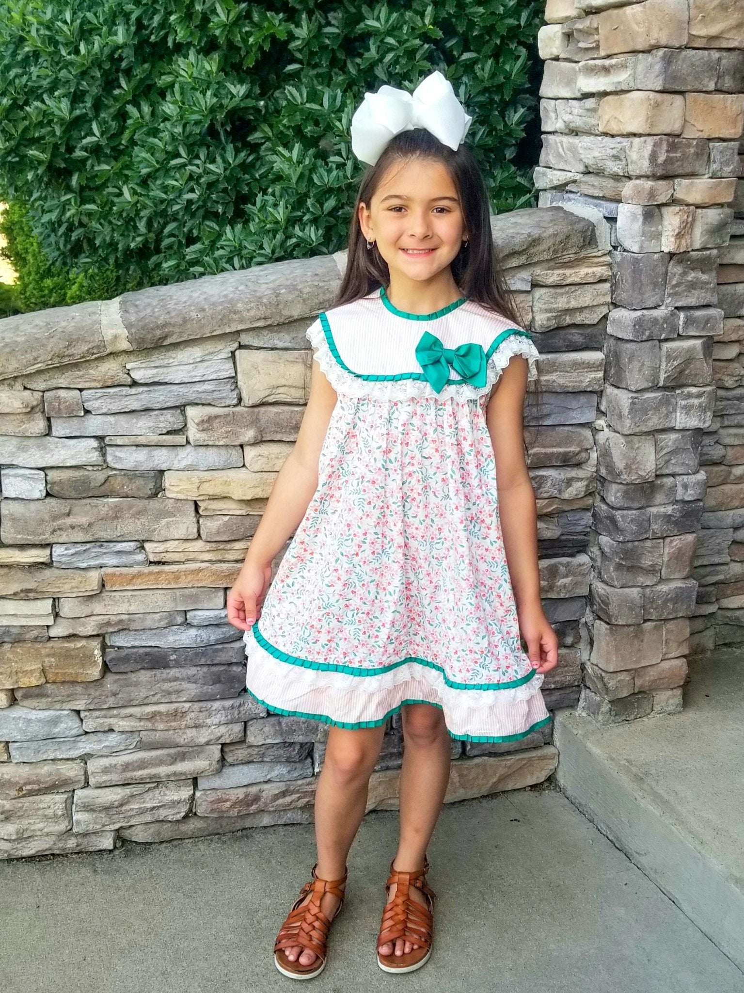 Pink & Green Floral Bow Bubble Dress - Marie Nicole Clothing