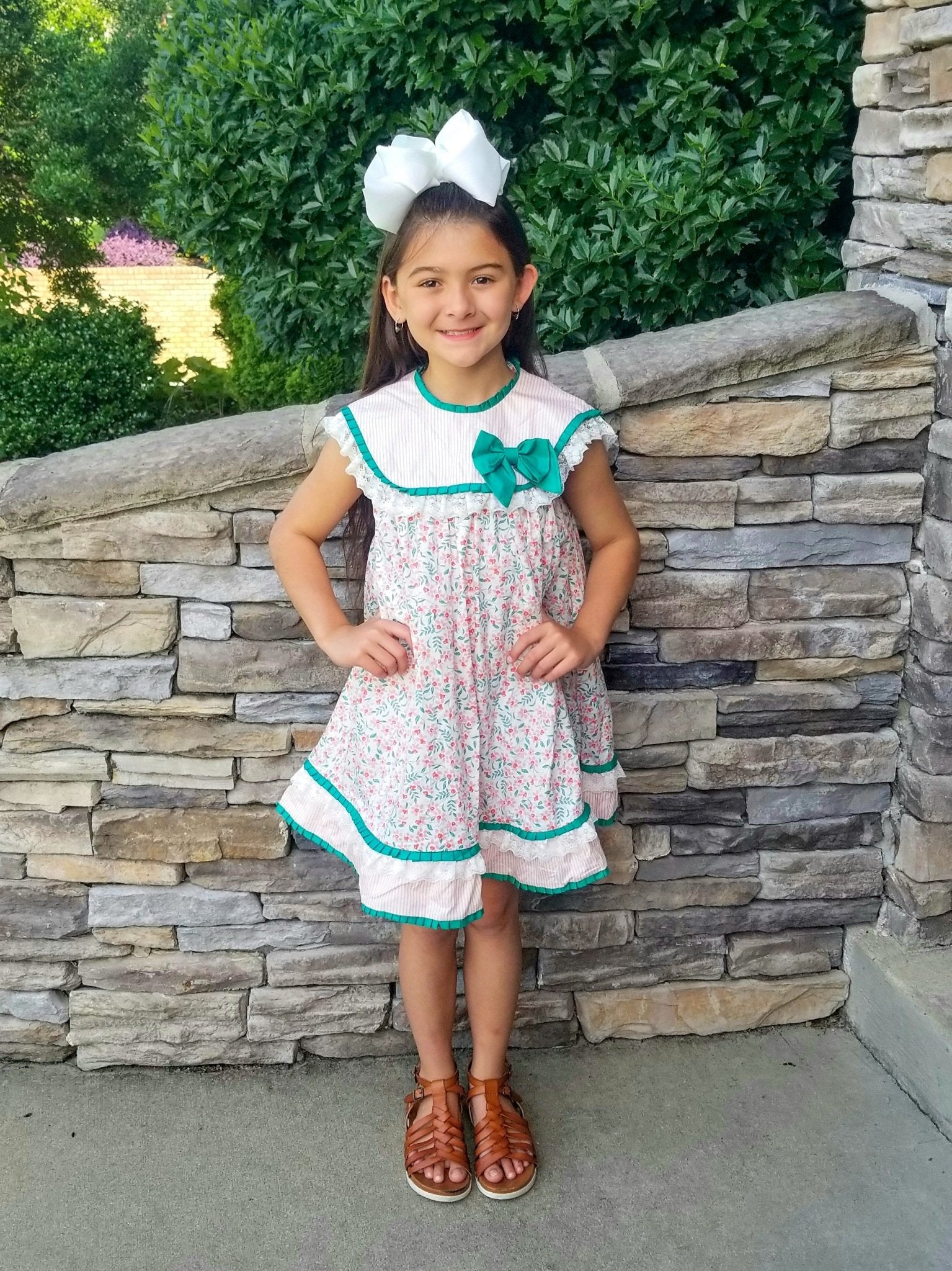 Pink & Green Floral Bow Bubble Dress - Marie Nicole Clothing