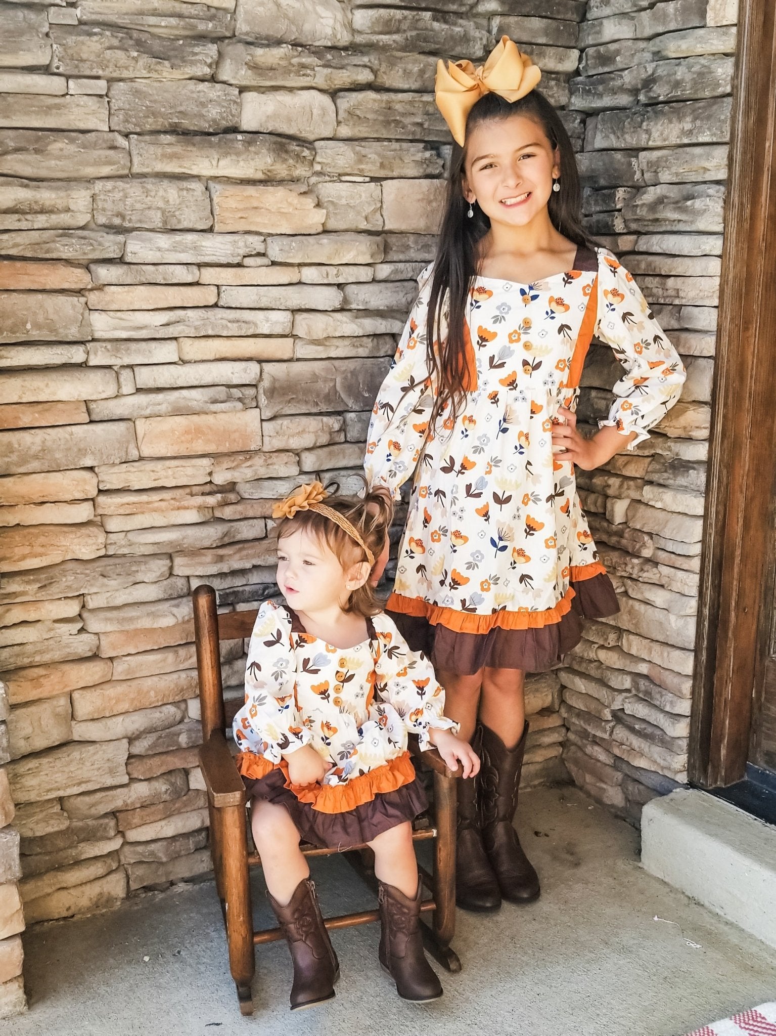 Orange & Brown Fall Floral Tiered Ruffle Dress - Marie Nicole Clothing