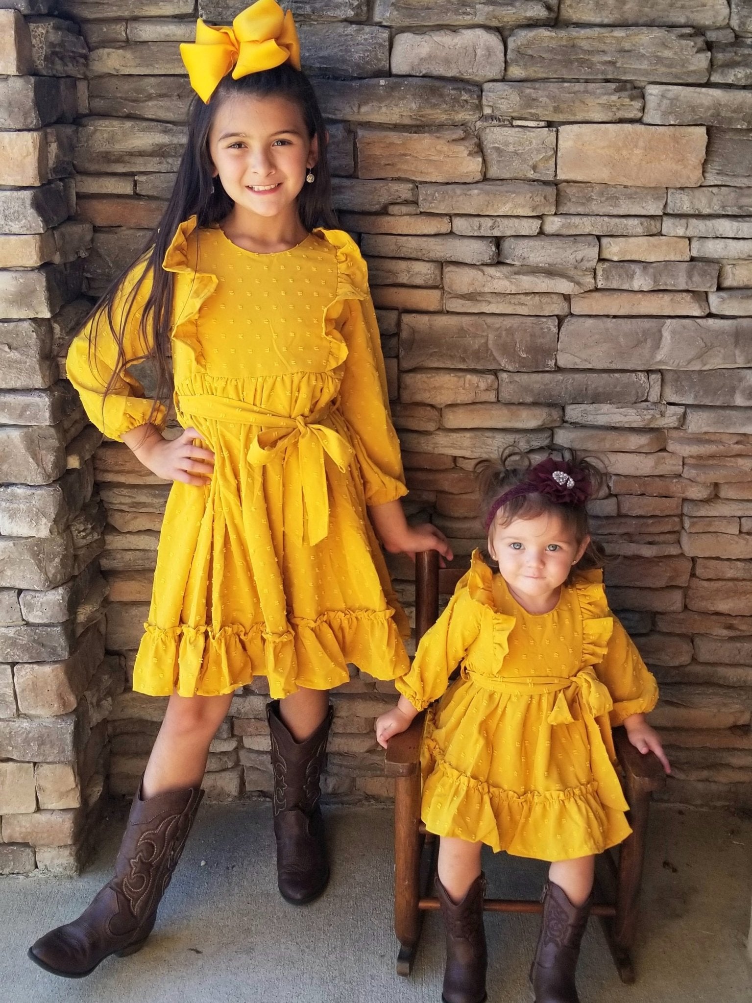 Mustard Swiss Dot Ruffle Dress - Marie Nicole Clothing