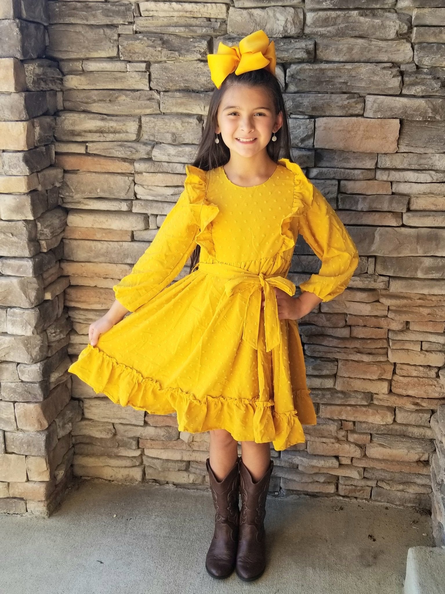 Mustard Swiss Dot Ruffle Dress - Marie Nicole Clothing