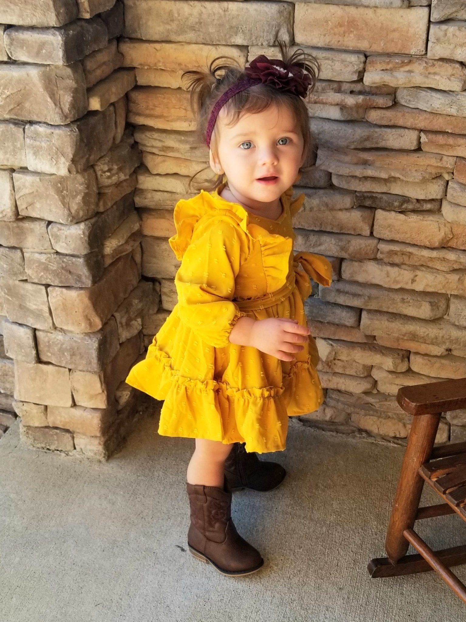 Mustard Swiss Dot Ruffle Dress - Marie Nicole Clothing