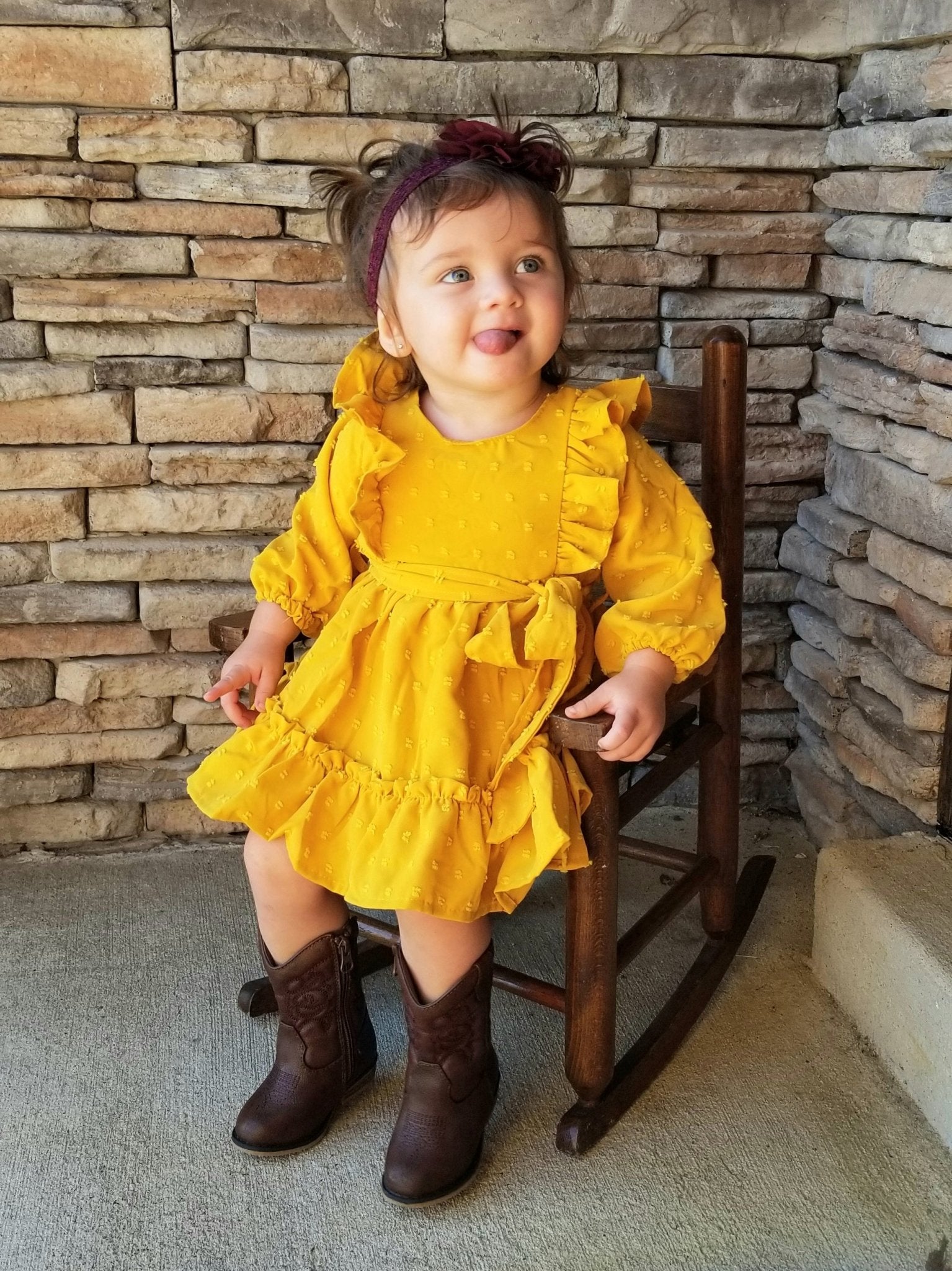Mustard Swiss Dot Ruffle Dress - Marie Nicole Clothing