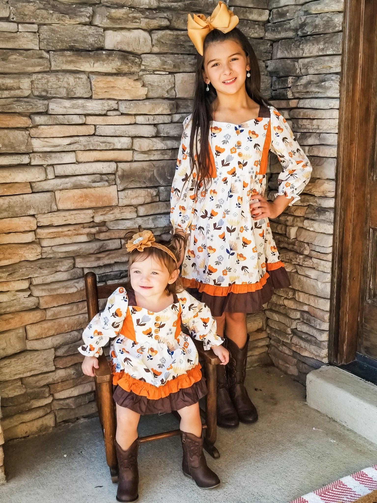 Orange & Brown Fall Floral Ruffle Romper - Marie Nicole Clothing