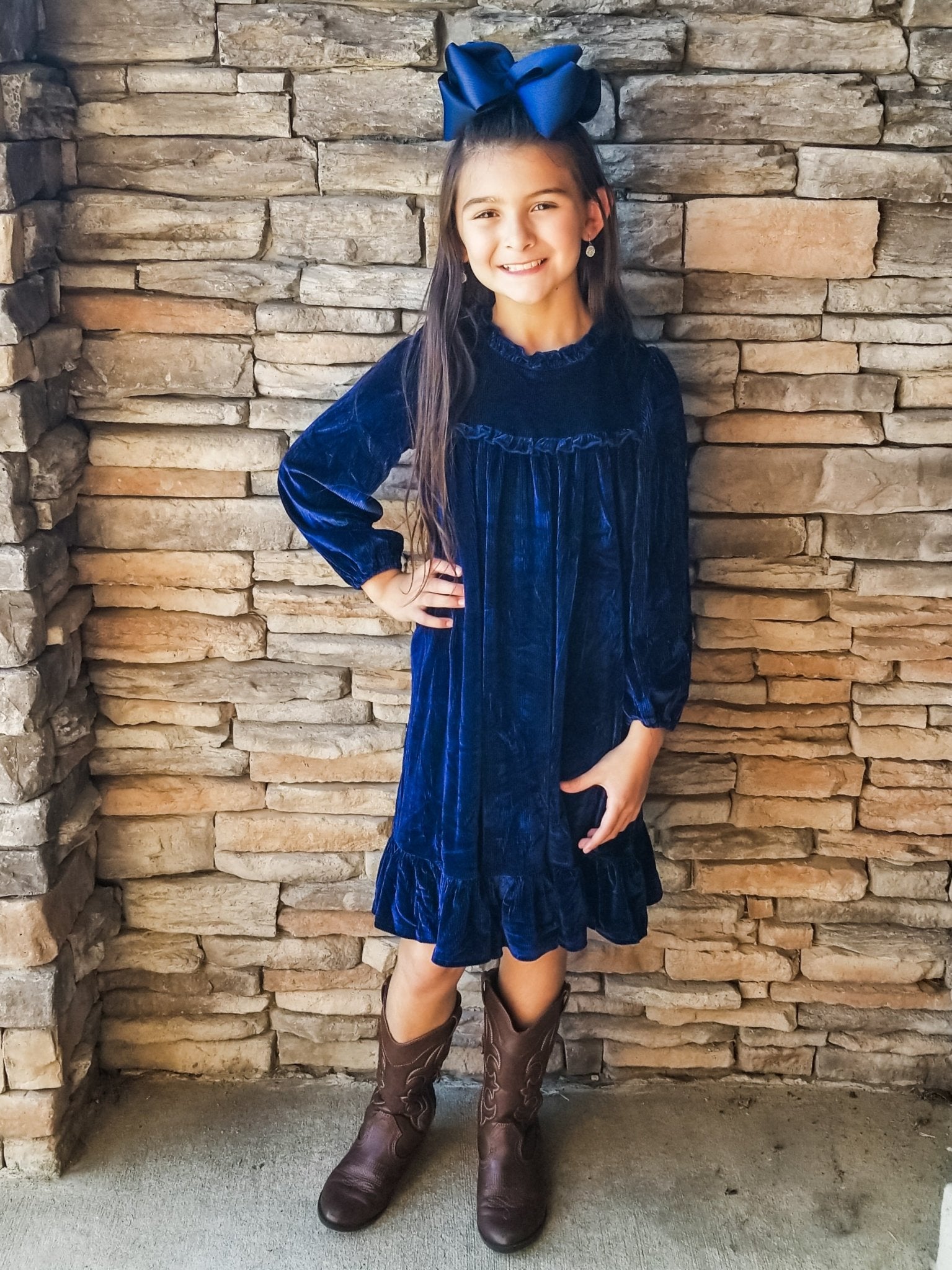 Midnight Blue Velvet Ruffle Dress - Marie Nicole Clothing