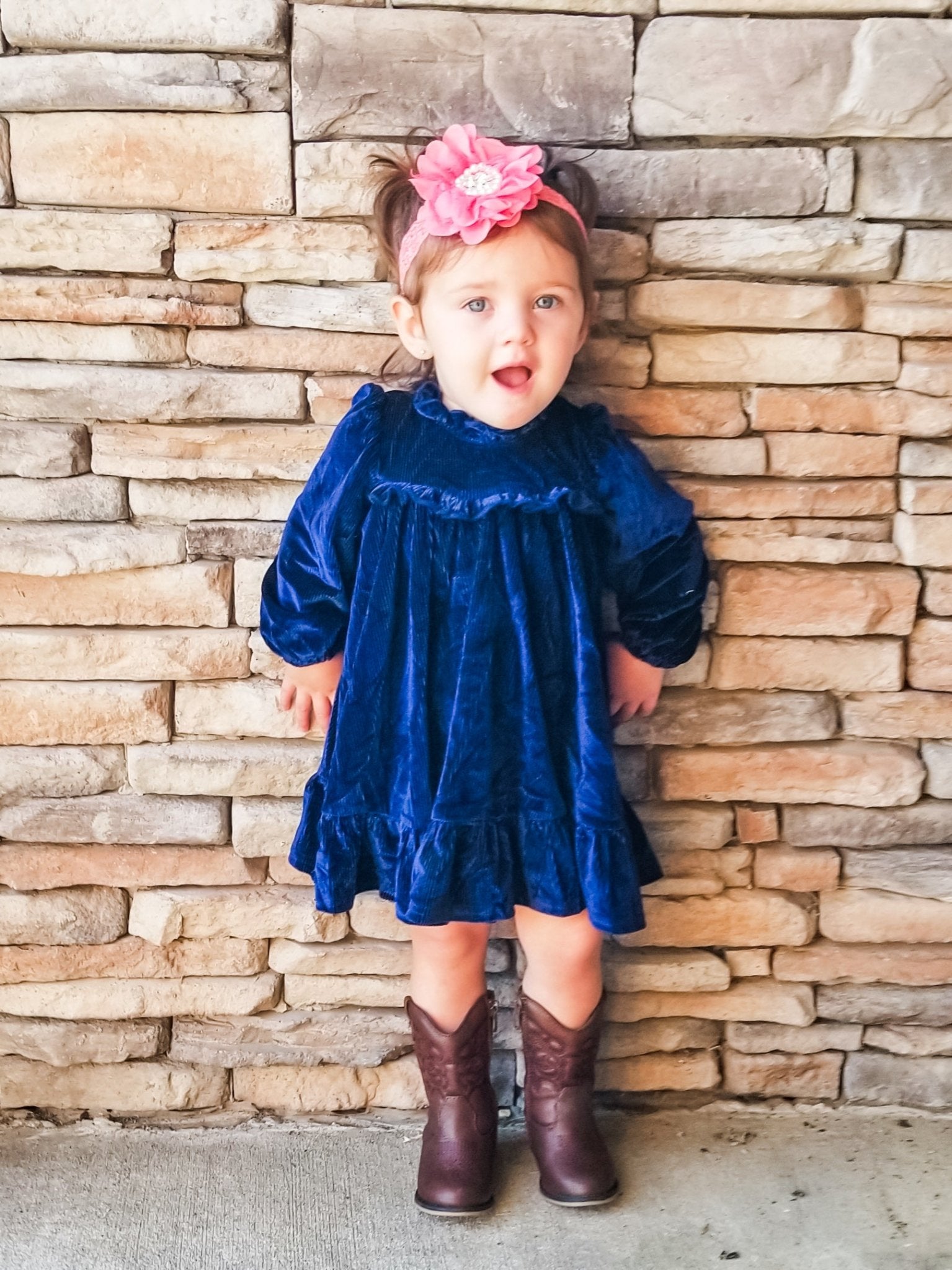 Midnight Blue Velvet Ruffle Dress - Marie Nicole Clothing