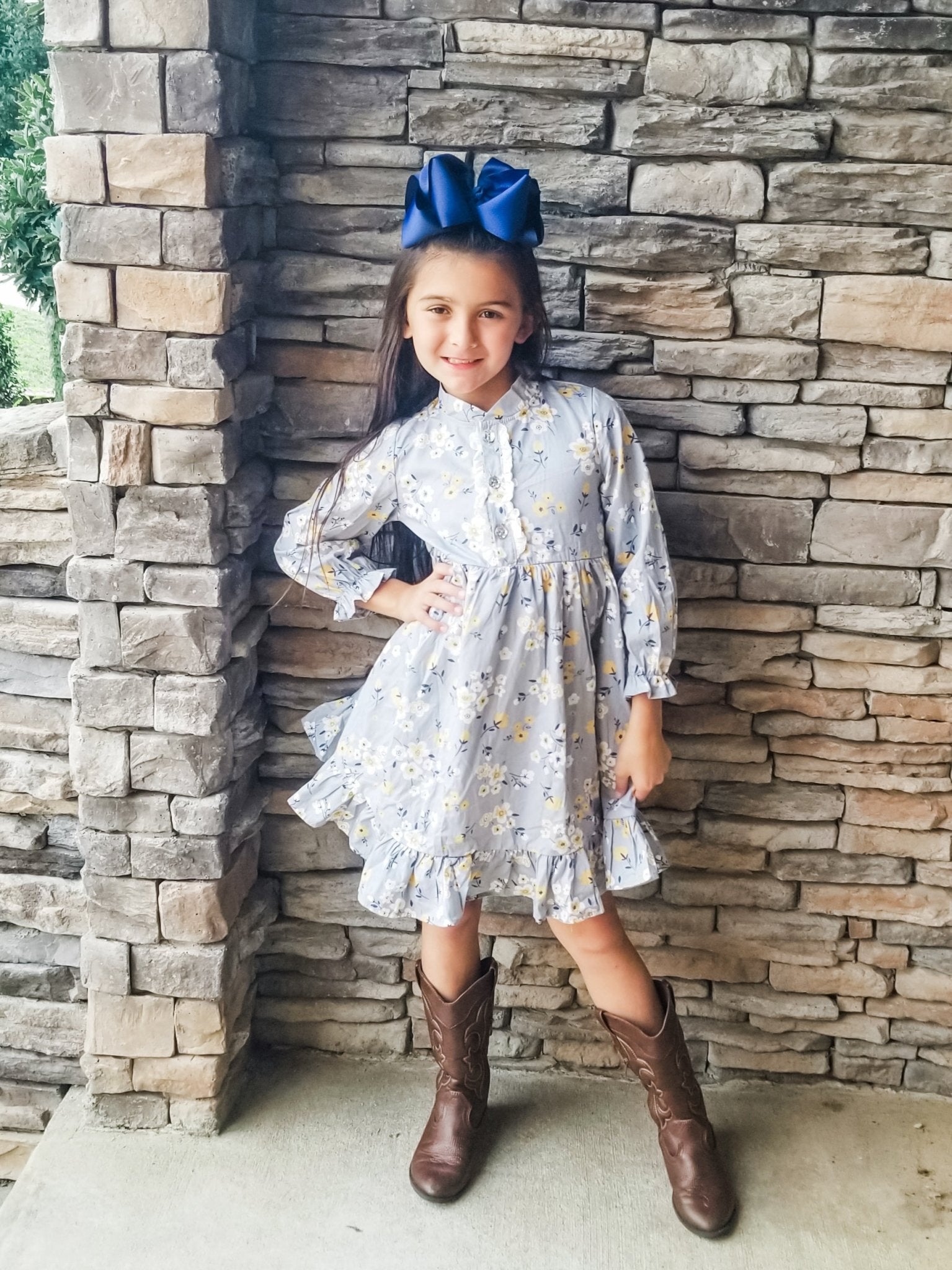 Light Grey & Yellow Floral Ruffle Dress - Marie Nicole Clothing