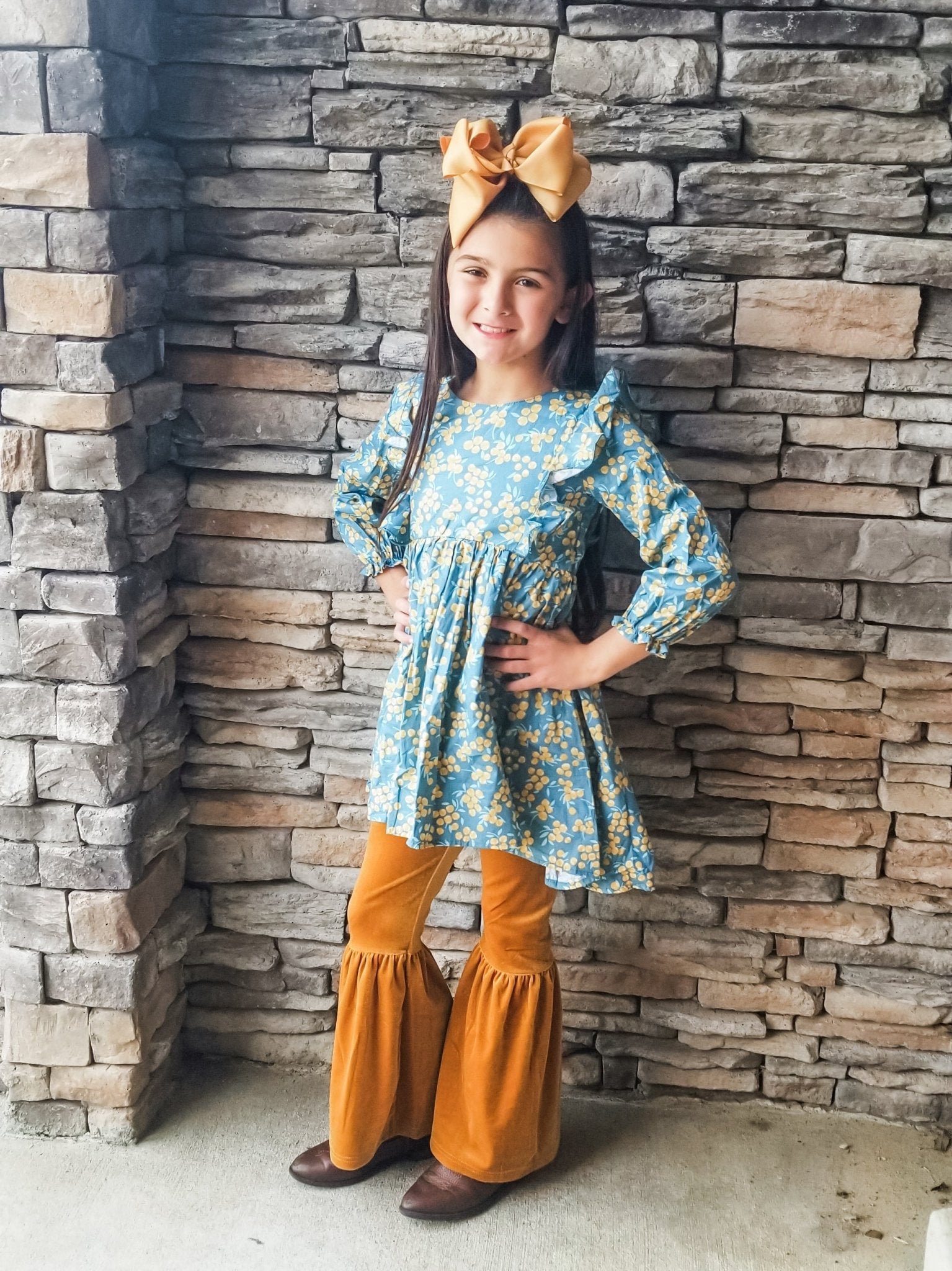 Frost Blue & Mustard Ruffle Top - Marie Nicole Clothing