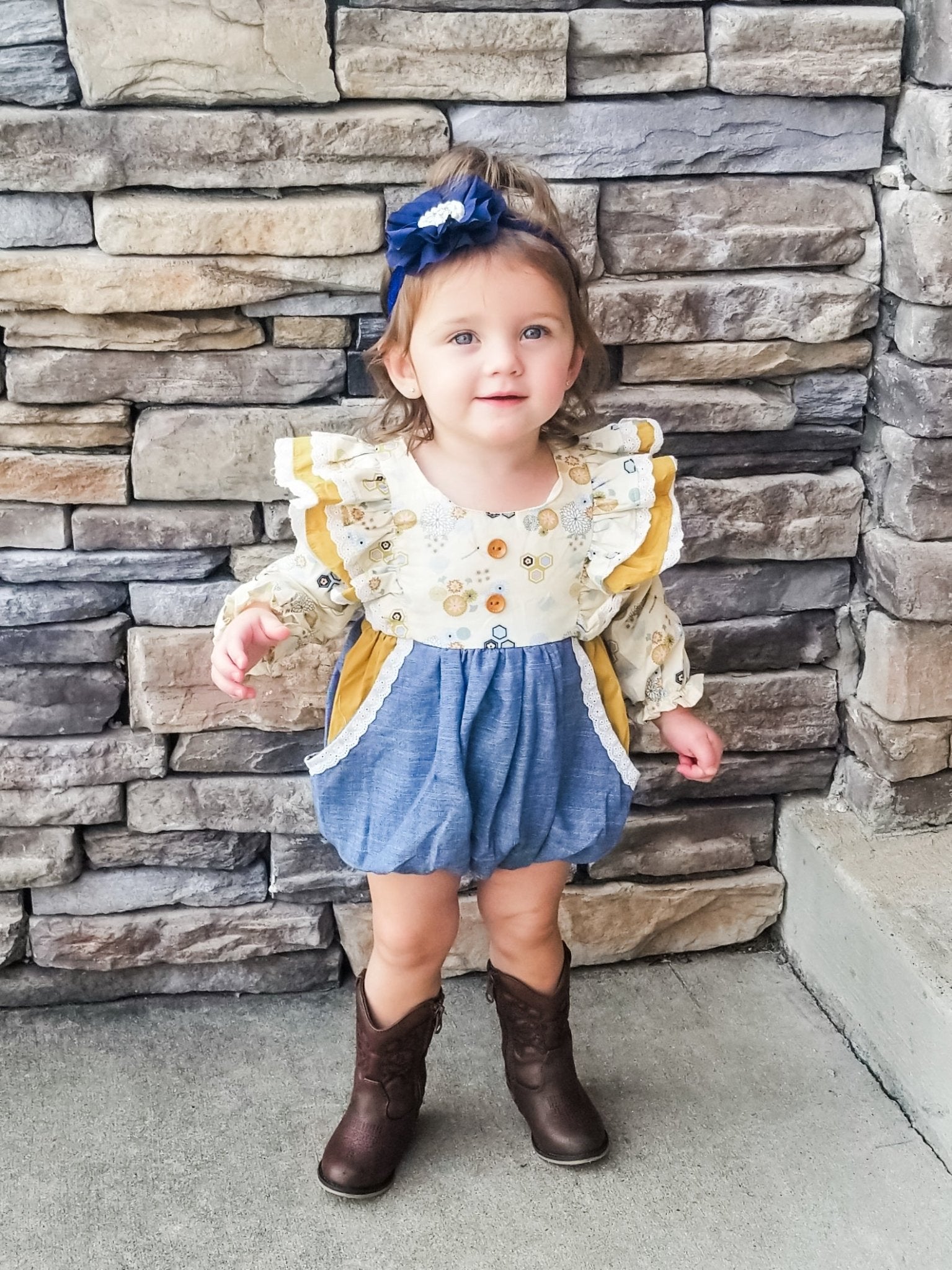 Pale Yellow Chambray Ruffle Romper - Marie Nicole Clothing