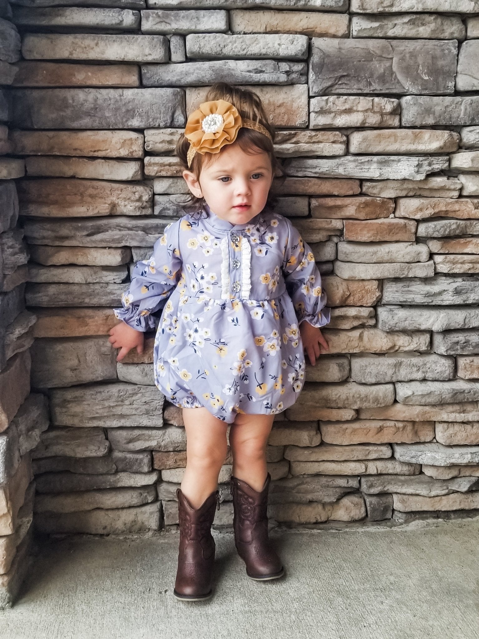 Light Grey & Yellow Floral Ruffle Romper - Marie Nicole Clothing