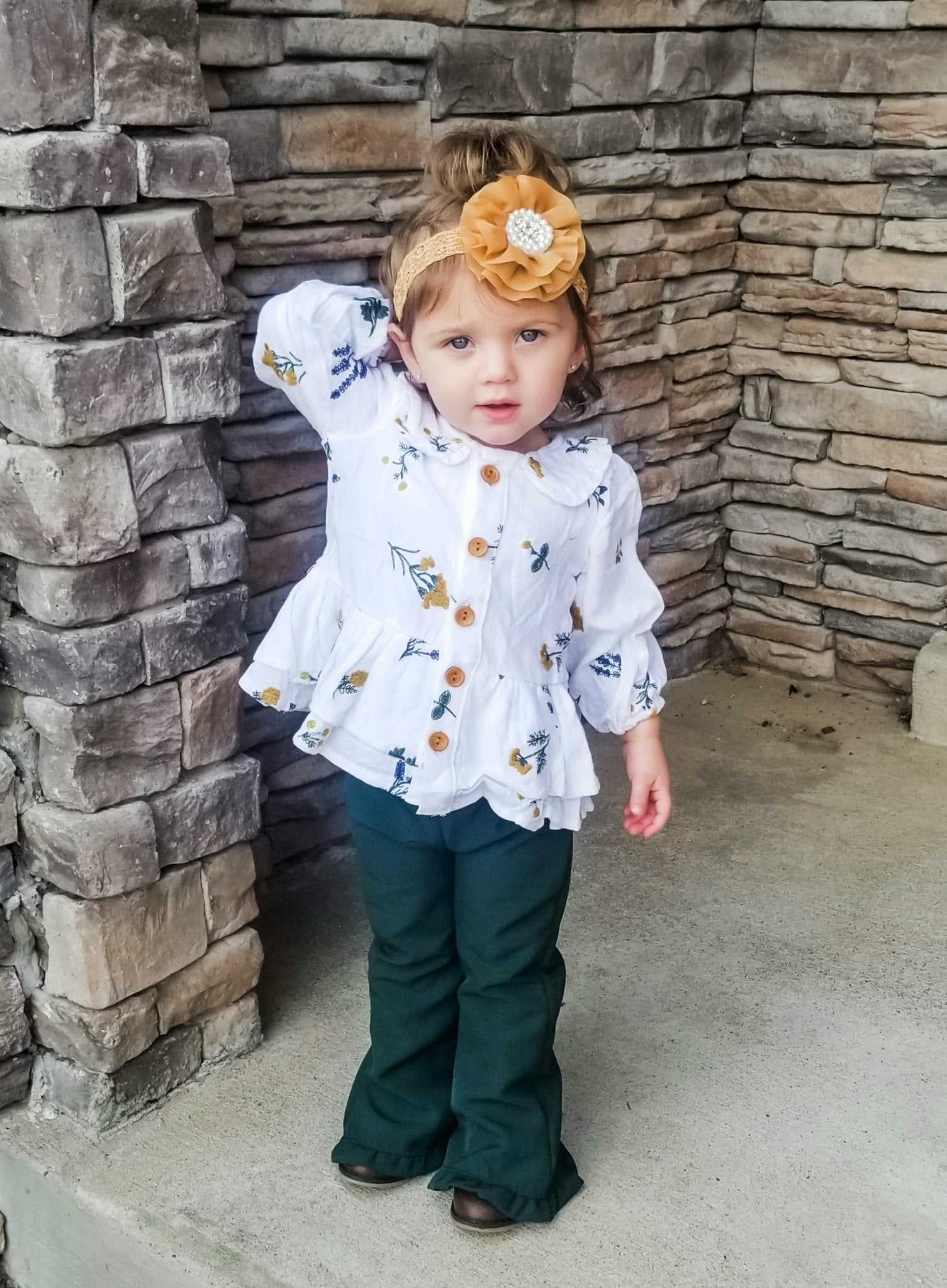 Forest Green Ruffle Bell Bottoms - Marie Nicole Clothing