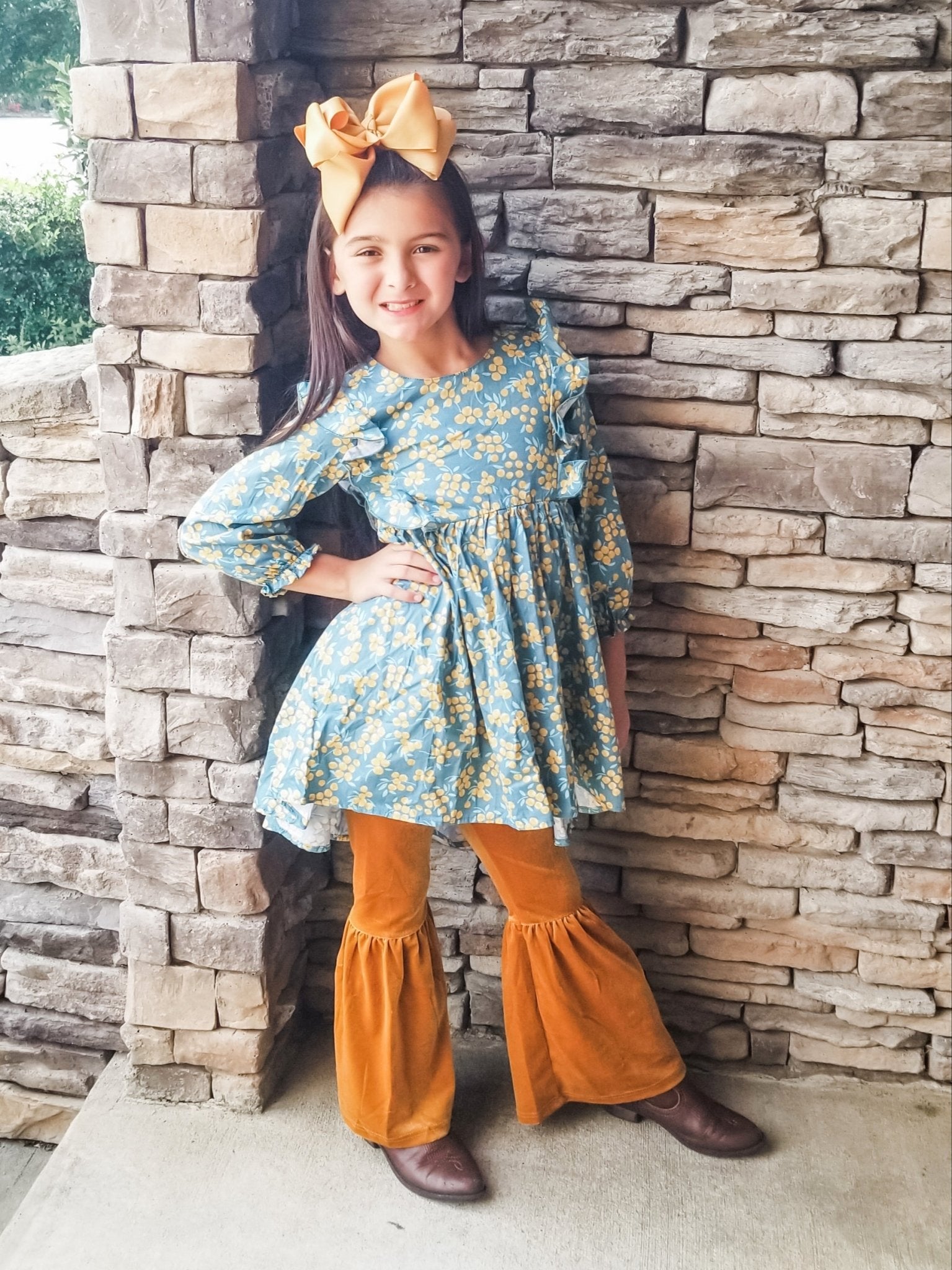Frost Blue & Mustard Ruffle Top - Marie Nicole Clothing
