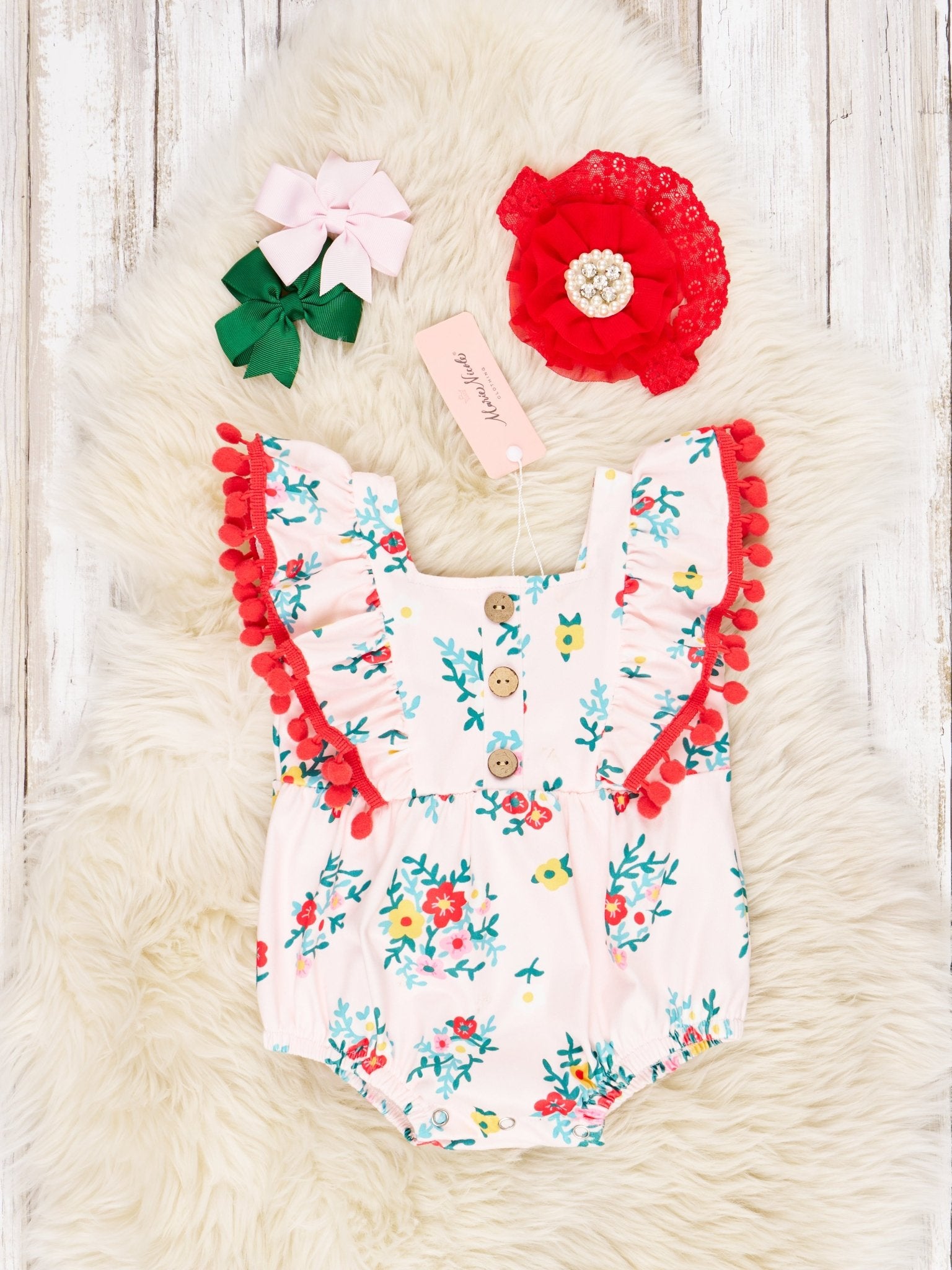 Peach Floral Pom Pom Ruffle Bubble Romper - Marie Nicole Clothing