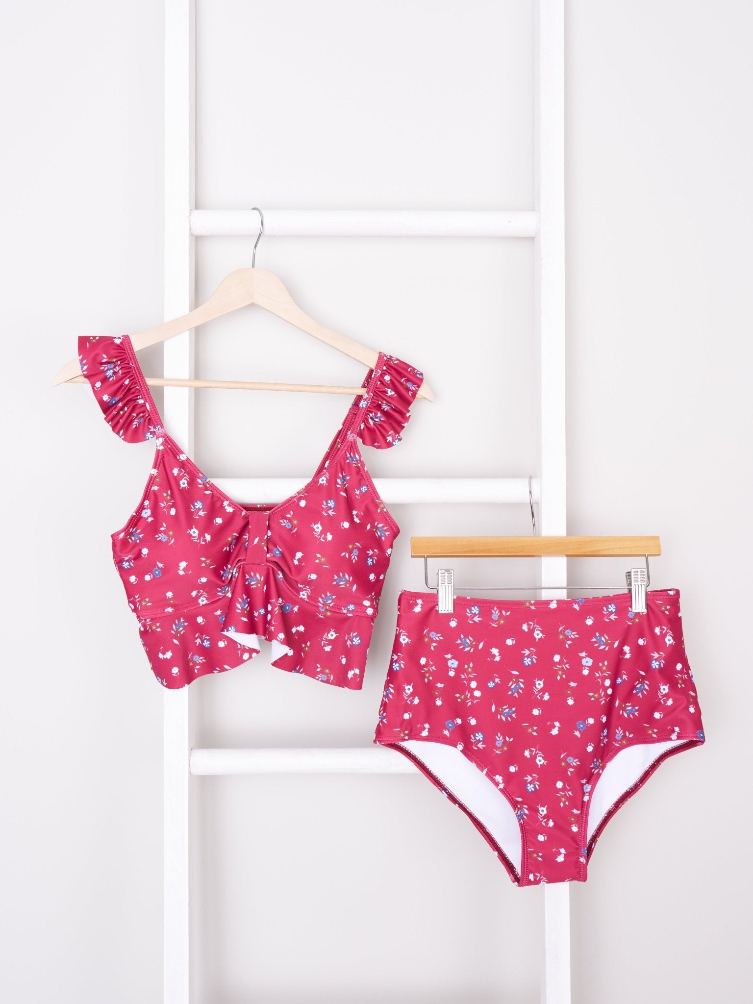 Mom & Me Burgundy Floral Ruffle Swimsuit - Marie Nicole Clothing