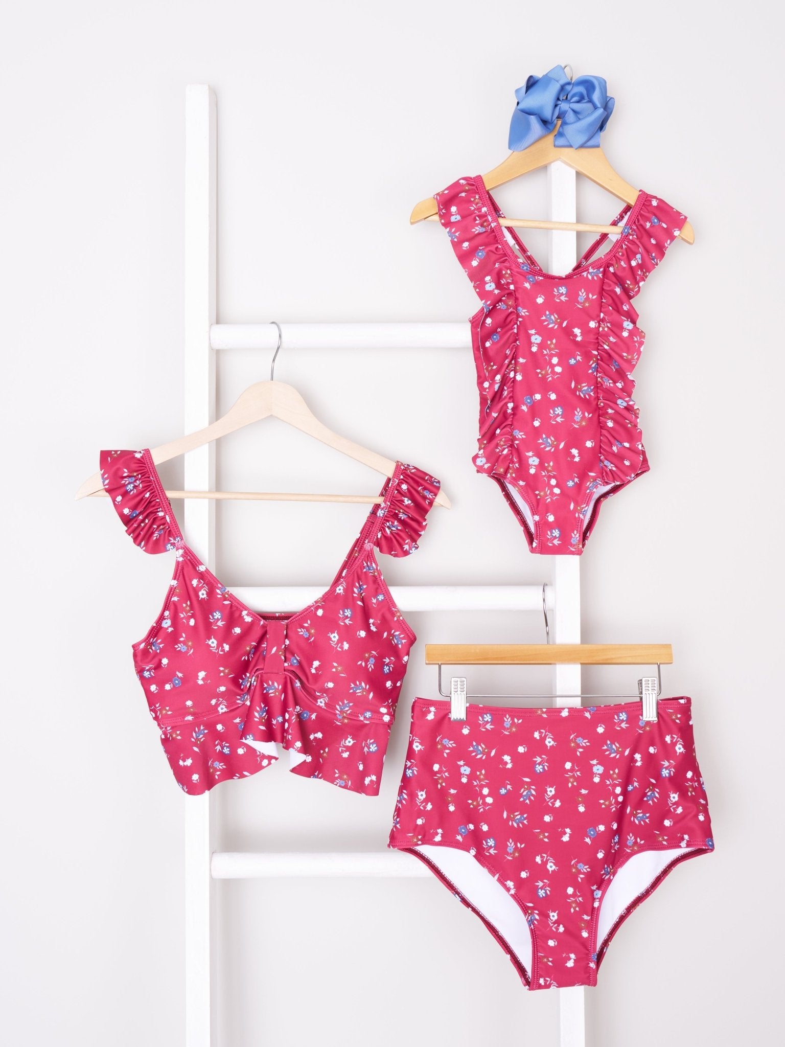 Mom & Me Burgundy Floral Ruffle Swimsuit - Marie Nicole Clothing