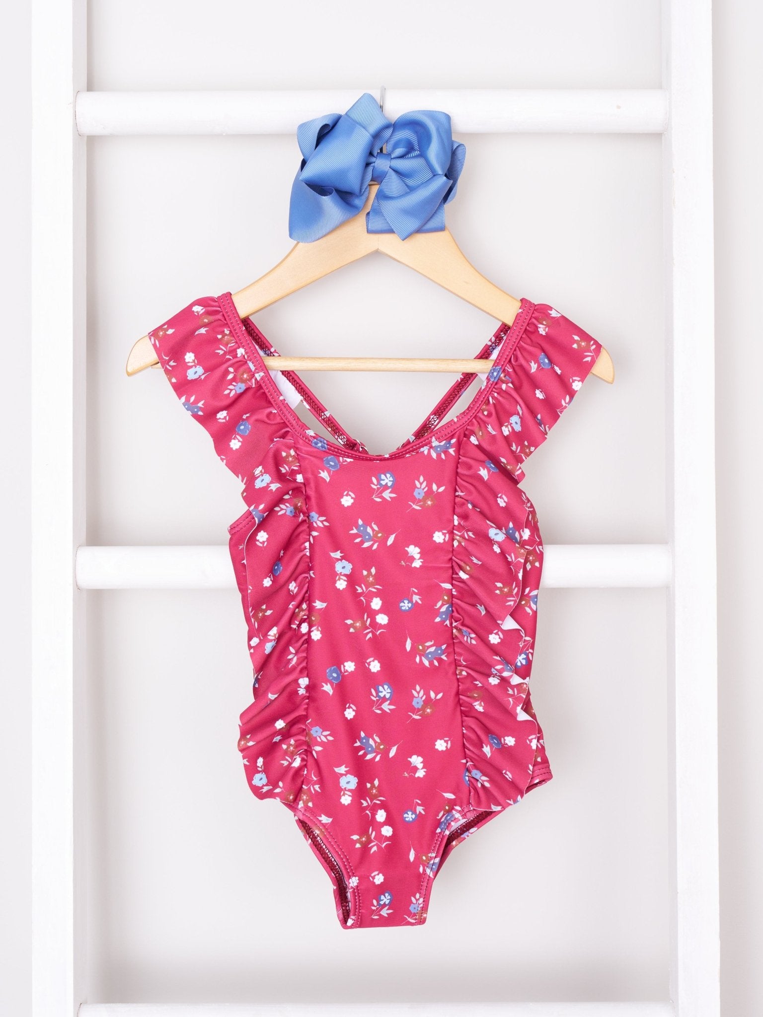 Mom & Me Burgundy Floral Ruffle Swimsuit - Marie Nicole Clothing